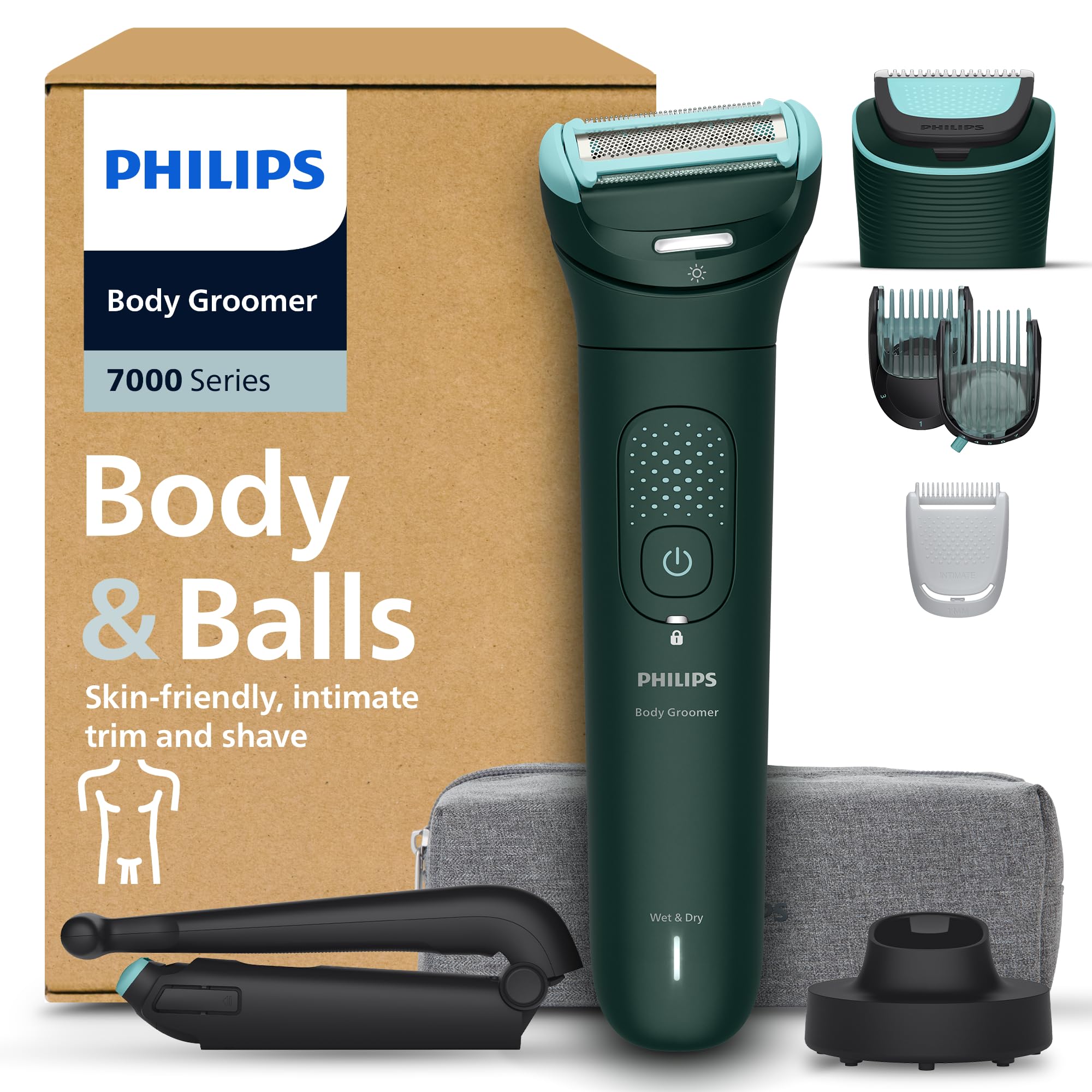 Philips Bodygroom serie 7000 - Rifinitore per uomo, testina flessibile 2D tripla protezione, Testine intercambiabili, Rifinitura e rasatura intima, Impermeabile 100%, 120 minuti a…
