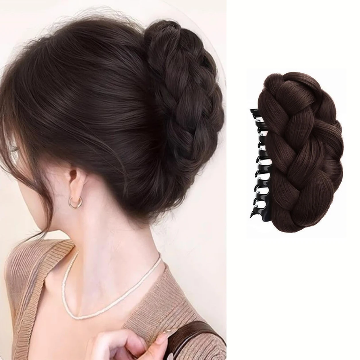 Chignon intrecciato spesso per donne, aggiornato, morbido e soffice, in fibra sintetica, con clip a molla, estensione di capelli finta.