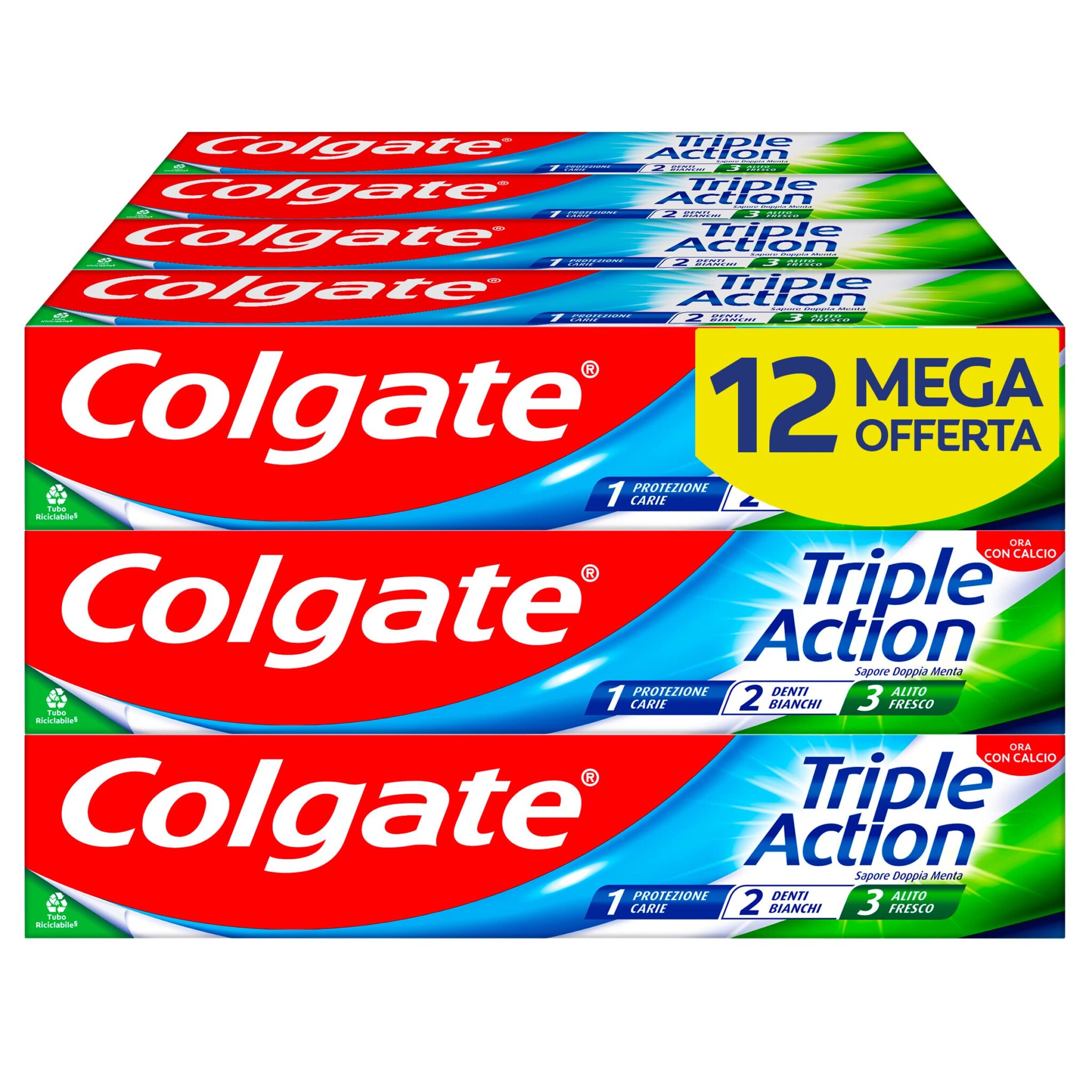 Colgate - Dentifricio Triple Action 12x75ml (Consegna in 48 Ore), Dentifricio Protezione contro la Carie, Denti Bianchi, Alito Fresco, Protezione Smalto, Formula Sbiancante e Rinf…
