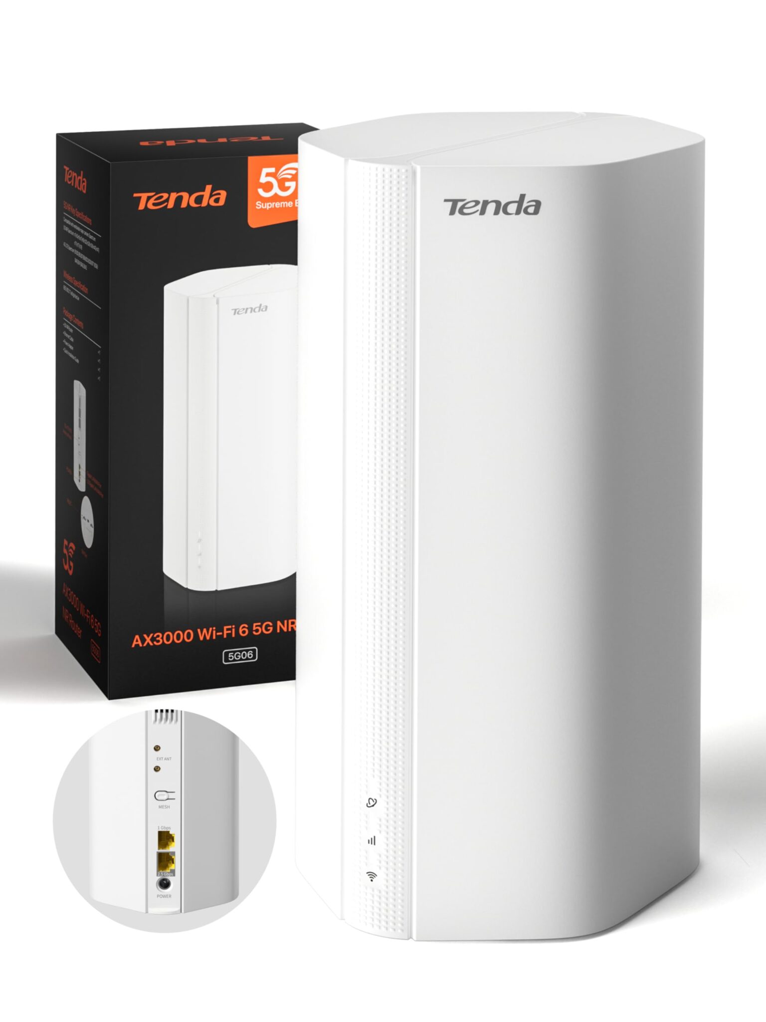 Tenda 5G06 Router 5G con SIM, AX3000 Dual Band WiFi 6, Plug & Play | Doppio SIM Commutazione Automatica, 2.5G LAN/WAN Porta, Mesh WiFi+, VPN & WPA3