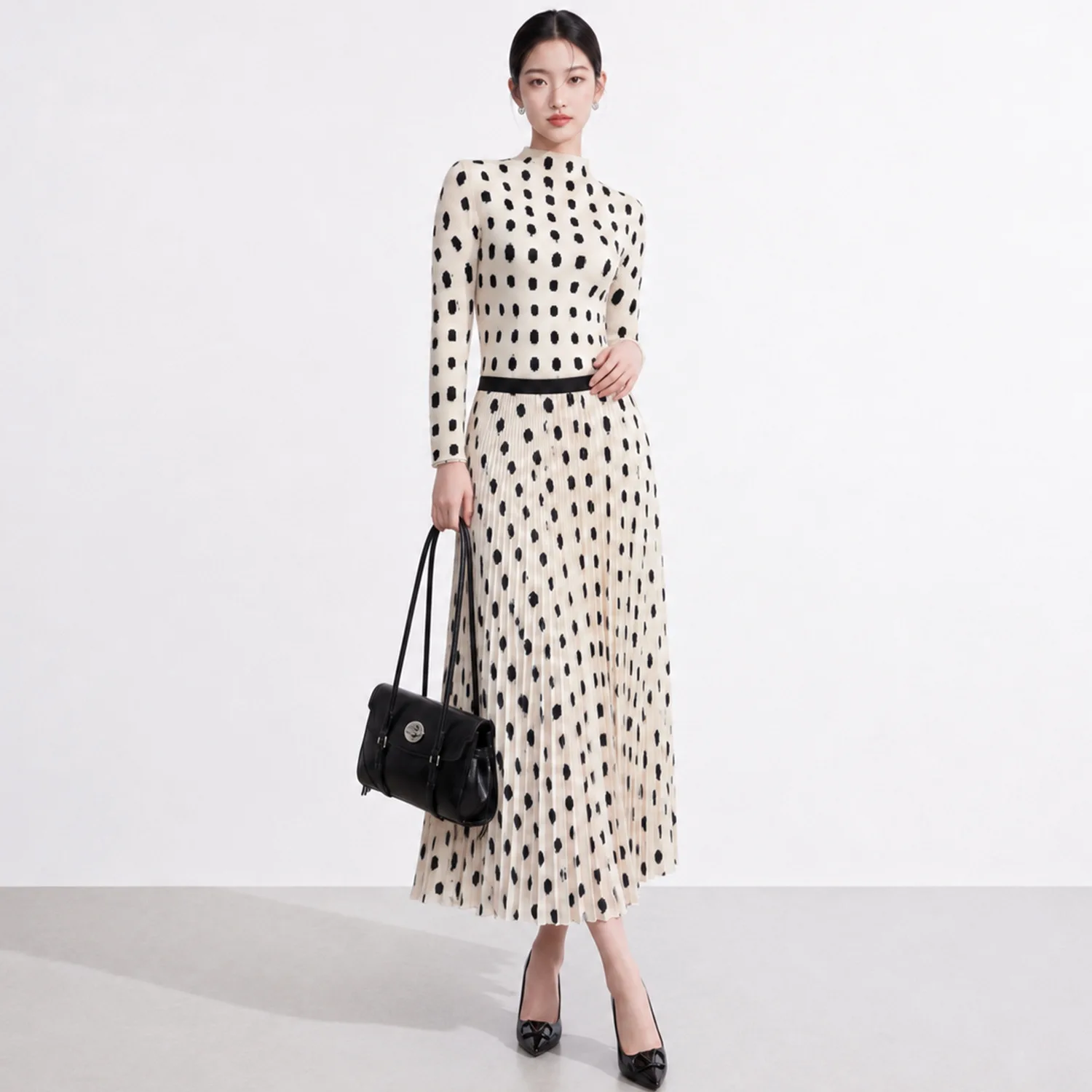 Completo Autunno-Inverno Miyake a Pieghe Elastiche: Top a Collo Semi-Alto a Maniche Lunghe + Gonna a Tubino, Set Due Pezzi da Donna