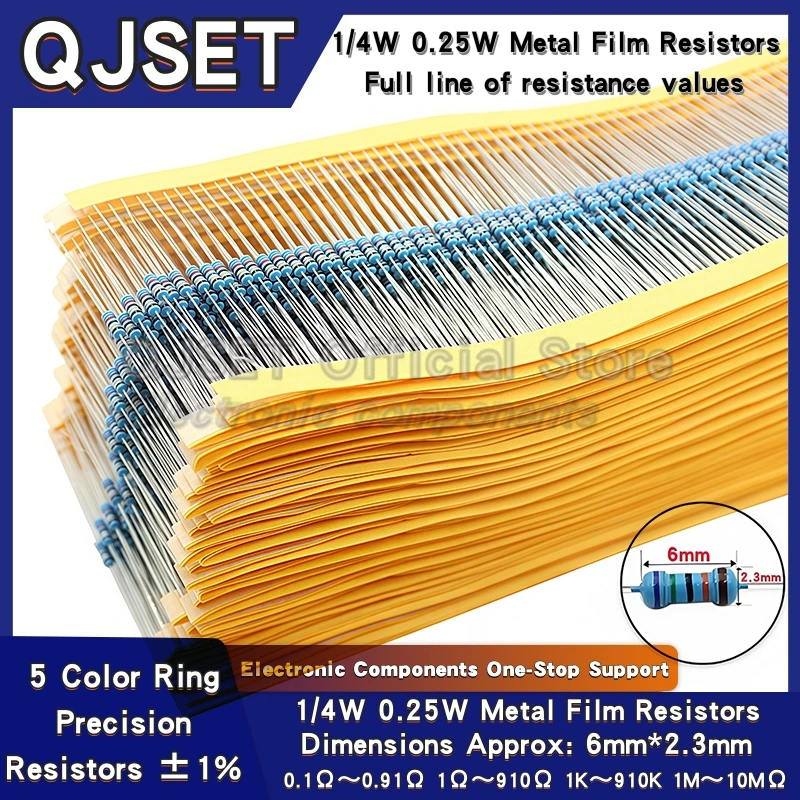100 pz 1/4 W Elemento Resistore a Film Metallico 1% 0.25 W 1K 1.5K 2.2K 4.7K 10K 22K 47K 100K 470k 100 220 4K7 Ohm 5 Colori Resistori ad Anello