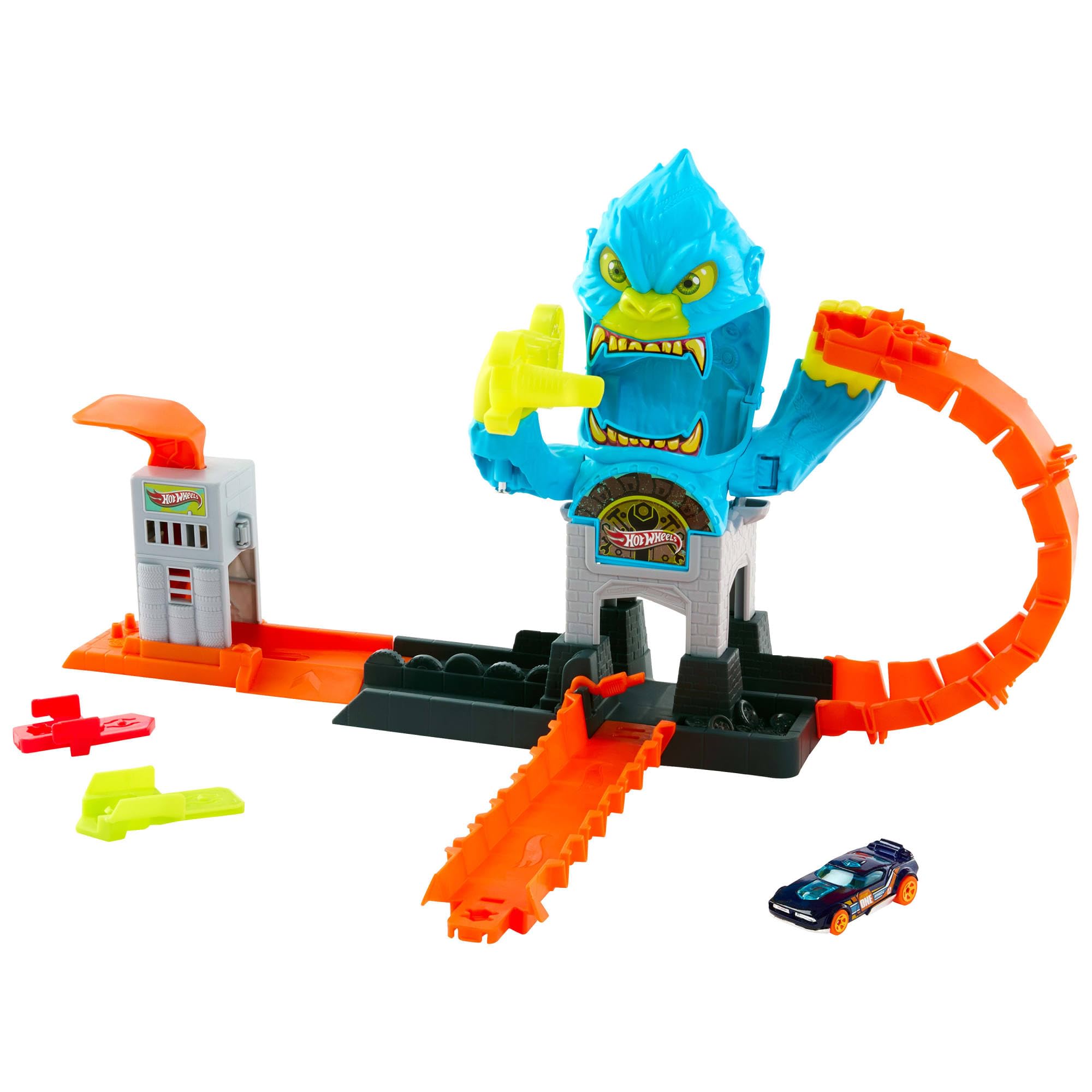 Hot Wheels City Attacco del Gorilla Playset e macchinina in scala 1:64 | Set di pista con più modi di giocare, include Slam-Launcher & Loop, compatibile con Speed Snap Track