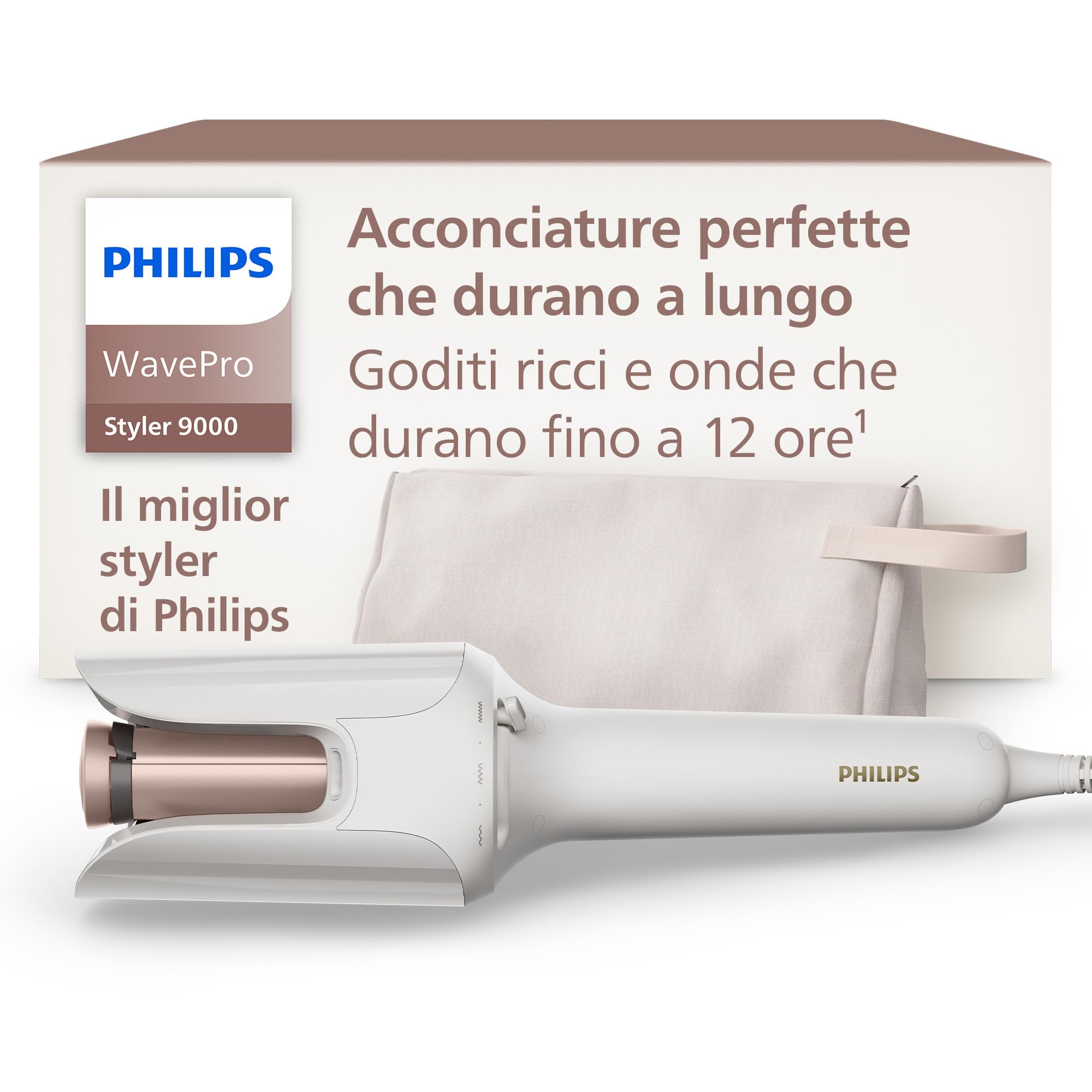 Philips WavePro Styler 9000 – con tecnologia SenseIQ e cilindro regolabile per ricci e onde, tecnologia 360 Shaping per un'acconciatura duratura, bianco seta, con custodia beauty,…