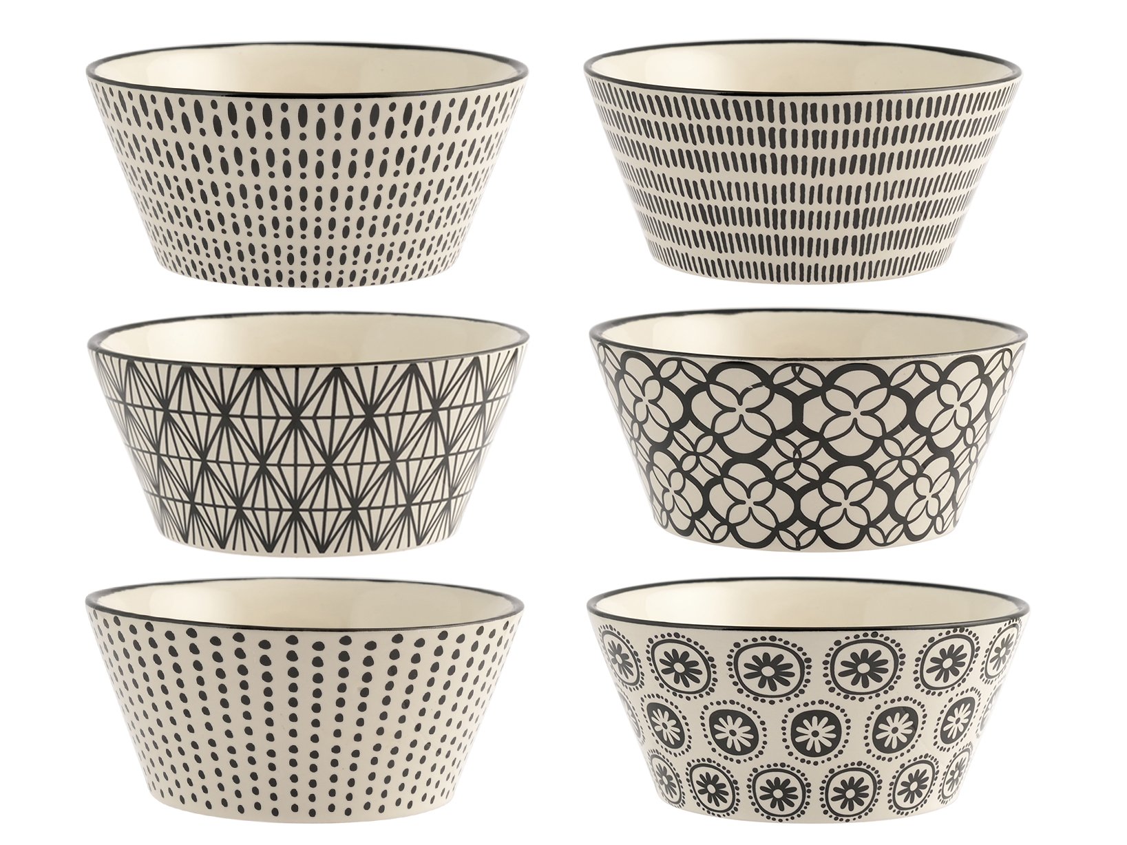 H&H Set 6 Bowl/Ciotole Colazione in Stoneware con Decoro Vhera (480 cc) – Ciotole Assortite in Bianco/Nero con Motivo Geometrico – Adatte a Lavastoviglie e Microonde