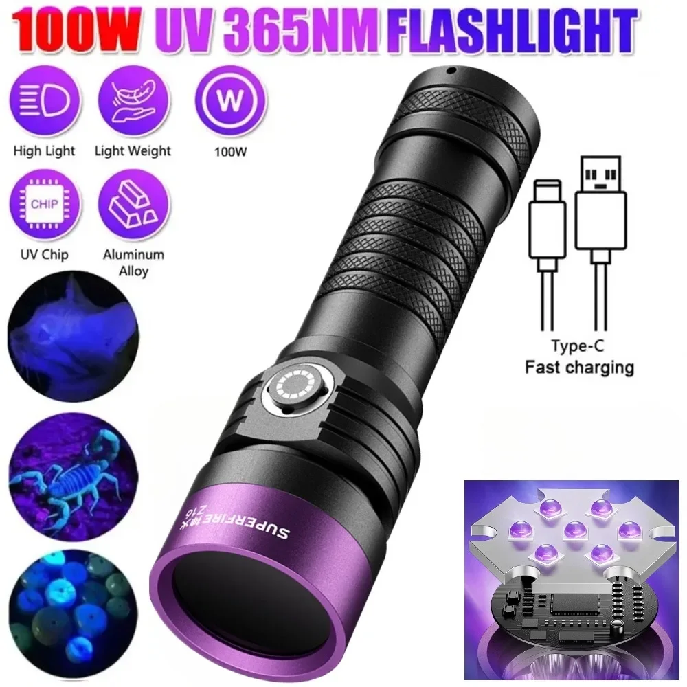 Torcia UV 365nm Ricaricabile USB-C, Lampada Nera Ultravioletta per Rilevamento Perdite, Denaro, Urina di Cani e Gatti, Tinea