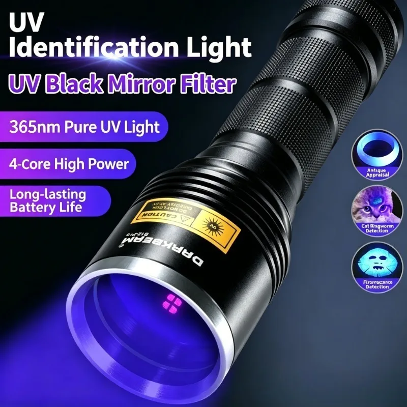 Torcia UV 365nm a luce viola con specchio nero, lampada LED a luce nera per la cura della tinea felina, rilevamento di macchie di urina di animali domestici e scorpioni