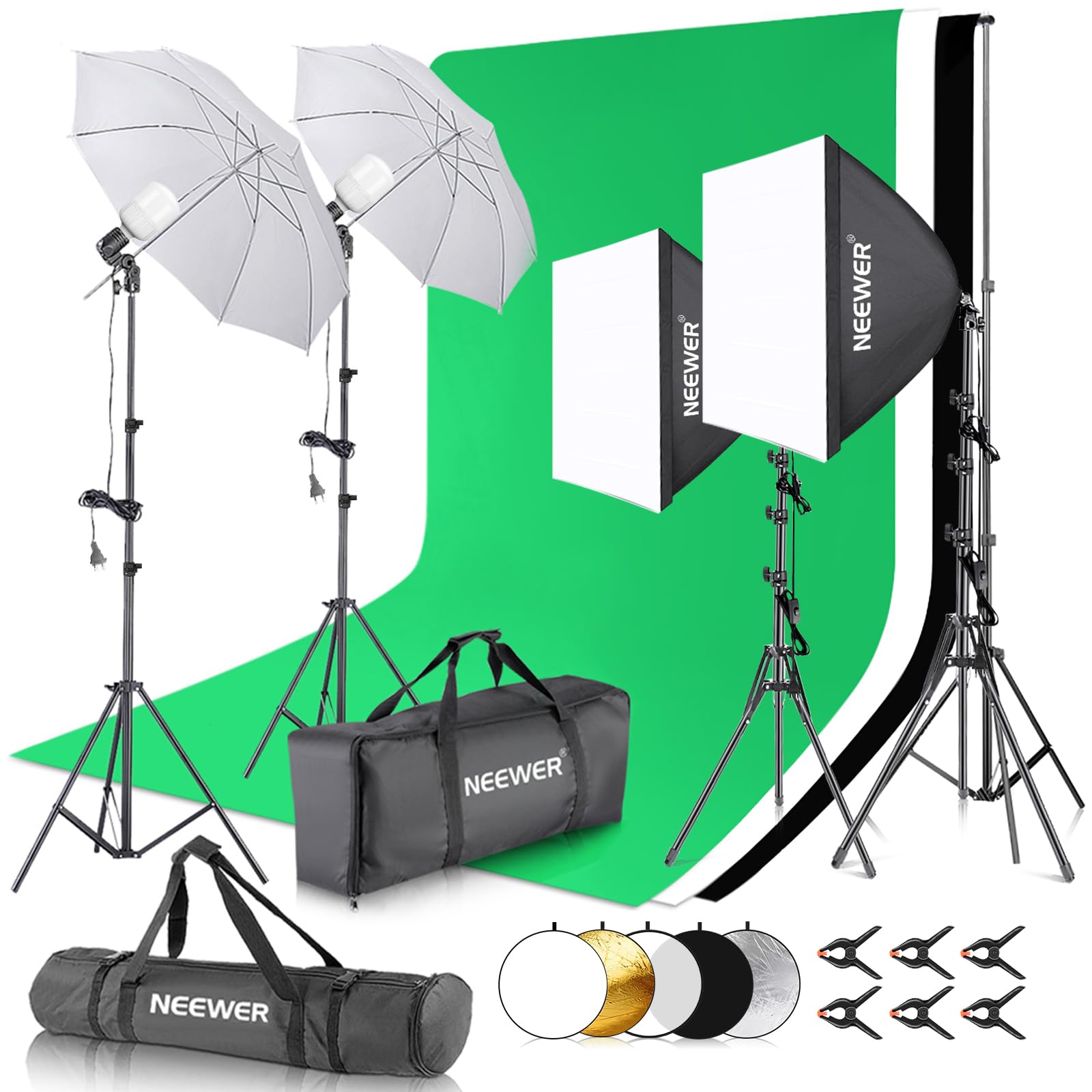 NEEWER Set di illuminazione per fotografia con sfondo, 8,5 x 10 piedi, 5700 K, 800 W, equivalente a 24 W, luce fissa, riflettore luce da 60 cm, attrezzatura per studio fotografico…