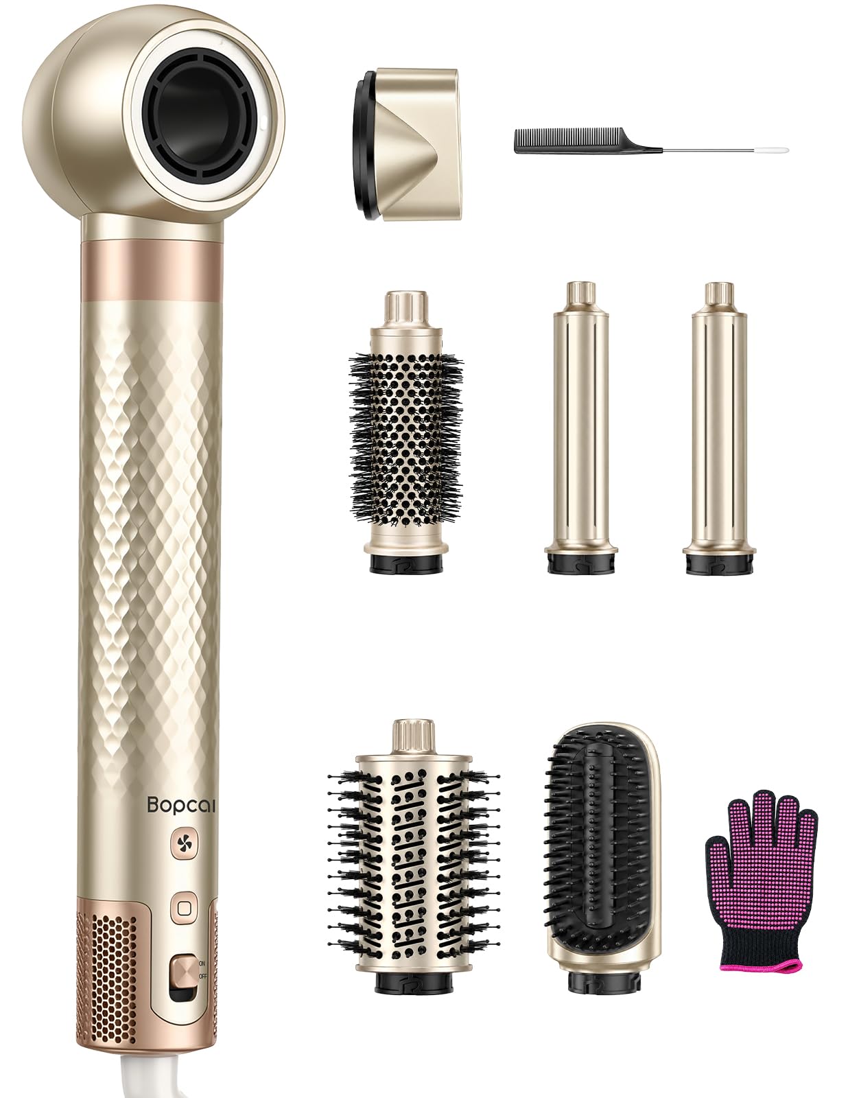 Bopcal Hair Styler 7 in 1, Phon Capelli Ionico, Arricciacapelli Automatico | Spazzola Asciugacapelli Professionale, Asciugatura Rapida, Volume, Liscio, Ricci per Viaggio, Regali