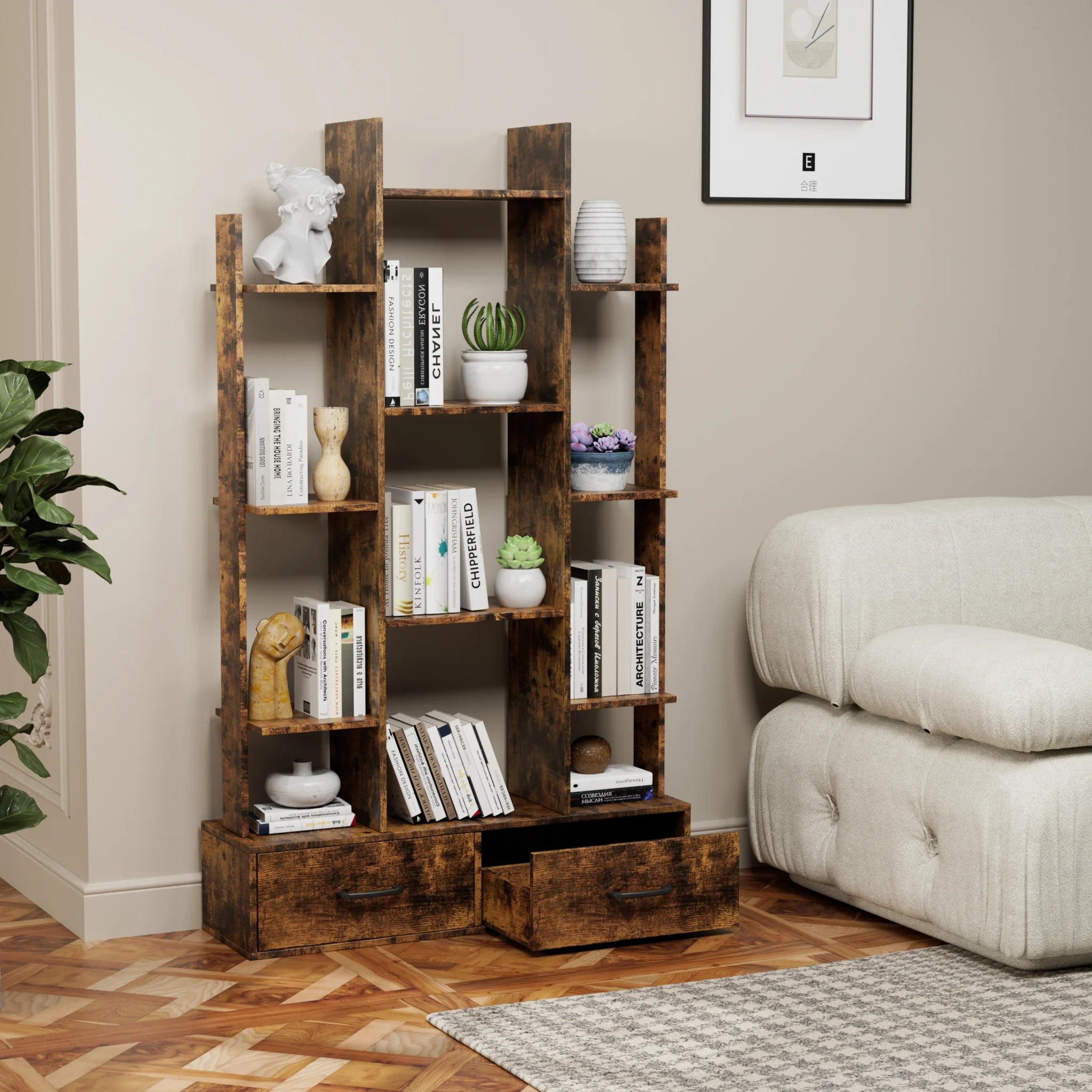 Libreria Industriale Autoportante con 2 Cassetti, 12 Ripiani Aperti, Libreria Vintage a Forma di Albero per Soggiorno, Camera da Letto, Ufficio Domestico, Marrone Rustico, Design…