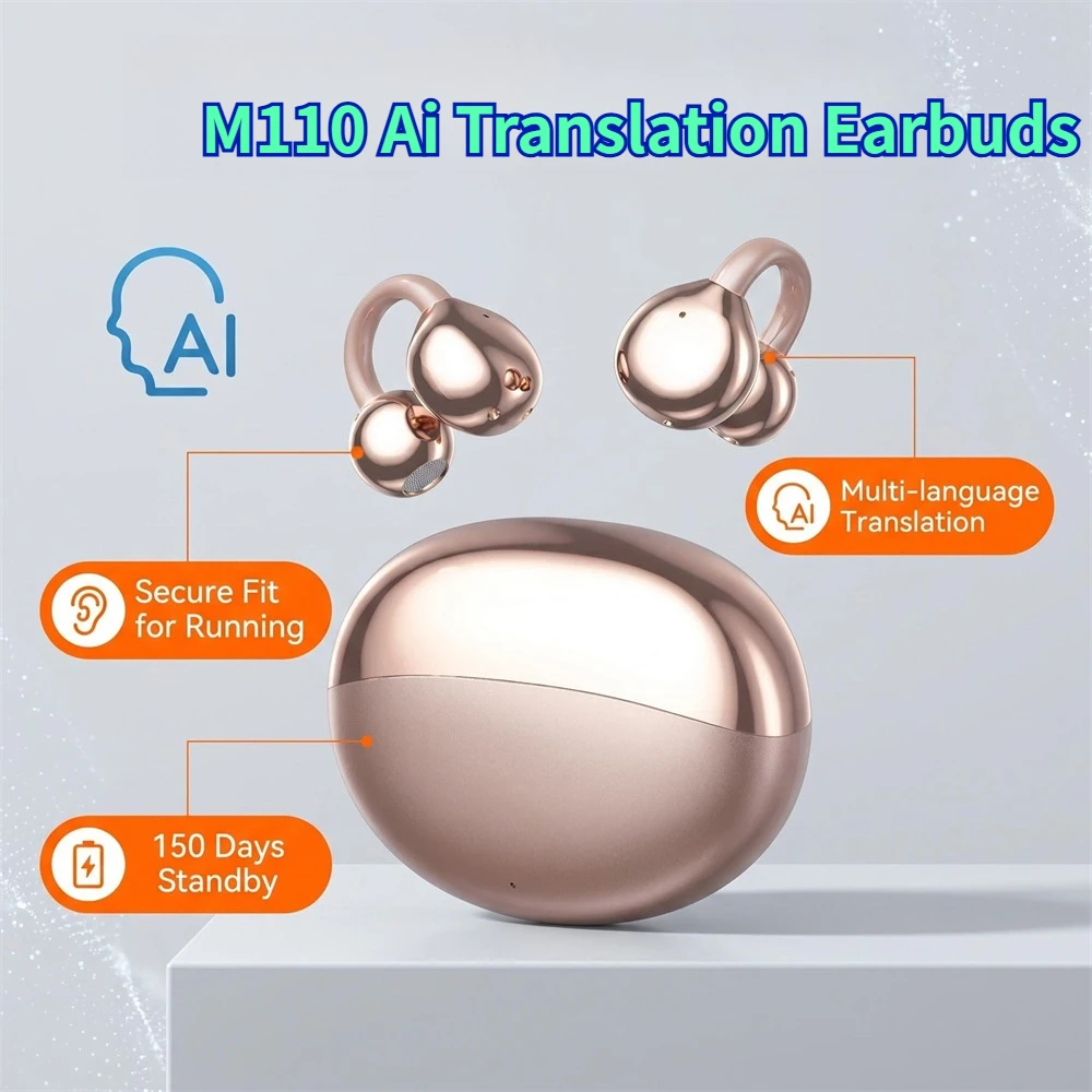 Nuovi auricolari wireless M110 AI per traduzione Bluetooth 5.4 con traduzione in tempo reale AI e microfono 360° ° Custodia di ricarica sportiva con clip auricolare antiscivolo