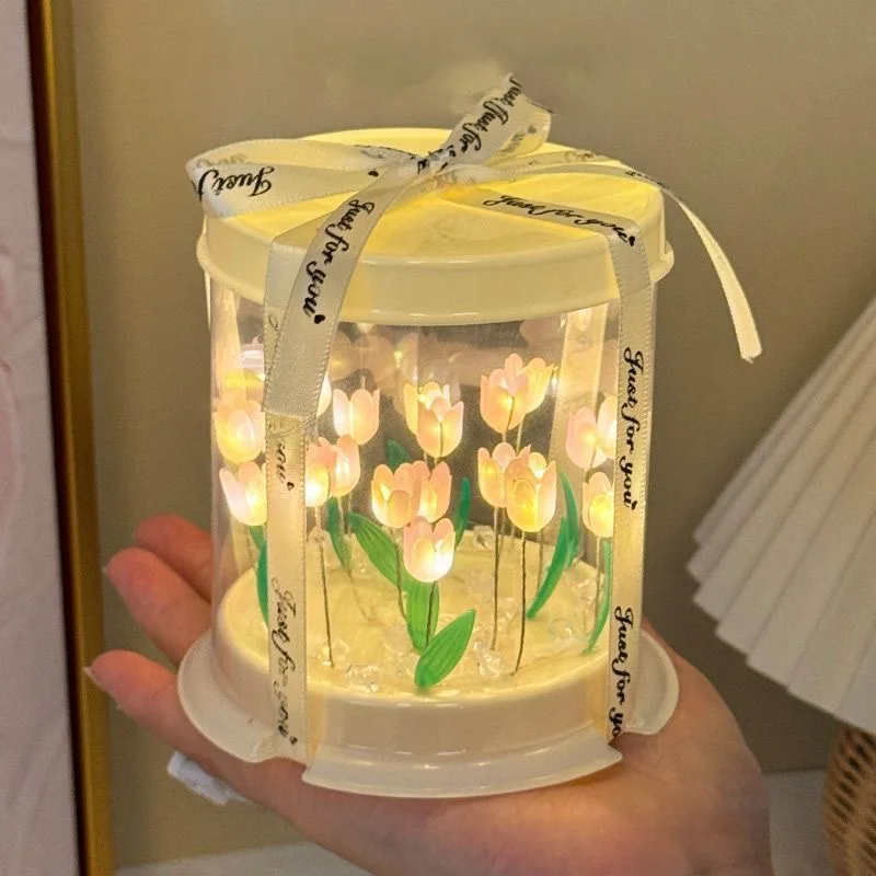 Lampada Tulipano Fai-da-Te, Fiore Simulato, Scatola Torta, Lampada da Comodino, Decorazione Artigianale, Luce Notturna Tulipani, Regalo di Compleanno