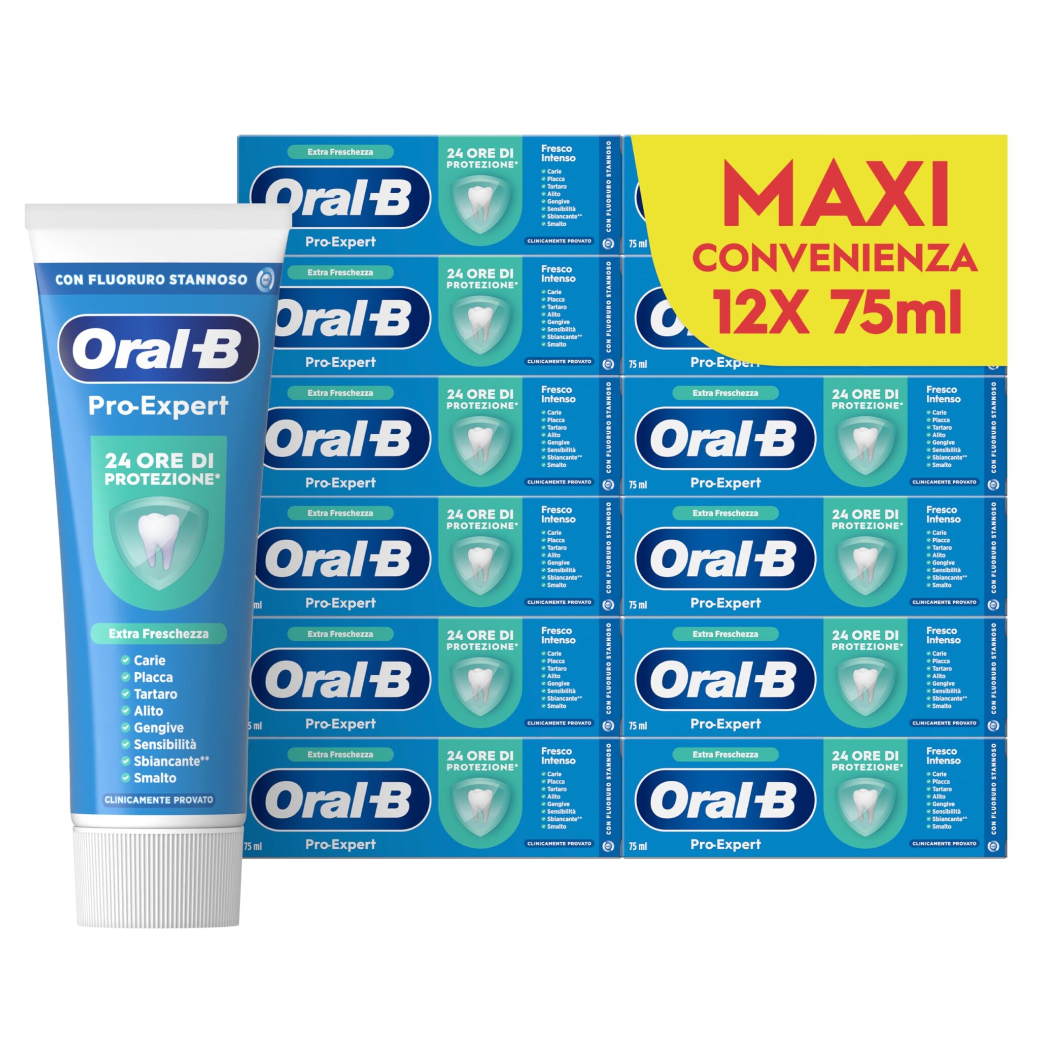 Oral-B Dentifricio Pro-expert Fresco Intenso, Clinicamente Provato, 12x75ml | Dentifricio Clinicamente Provato, Pulizia Denti Efficace, Alito Fresco, Extra Freschezza
