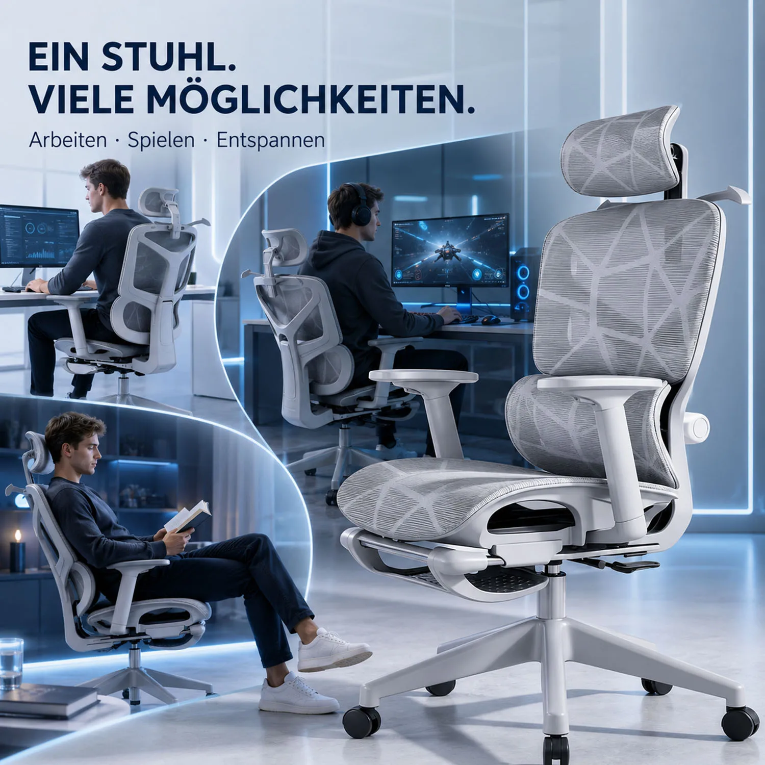 Sedia da ufficio ergonomica con poggiatesta regolabile e supporto lombare, 135 ° Funzione di inclinazione, schienale in rete traspirante e braccioli regolabili in altezza - ideale…