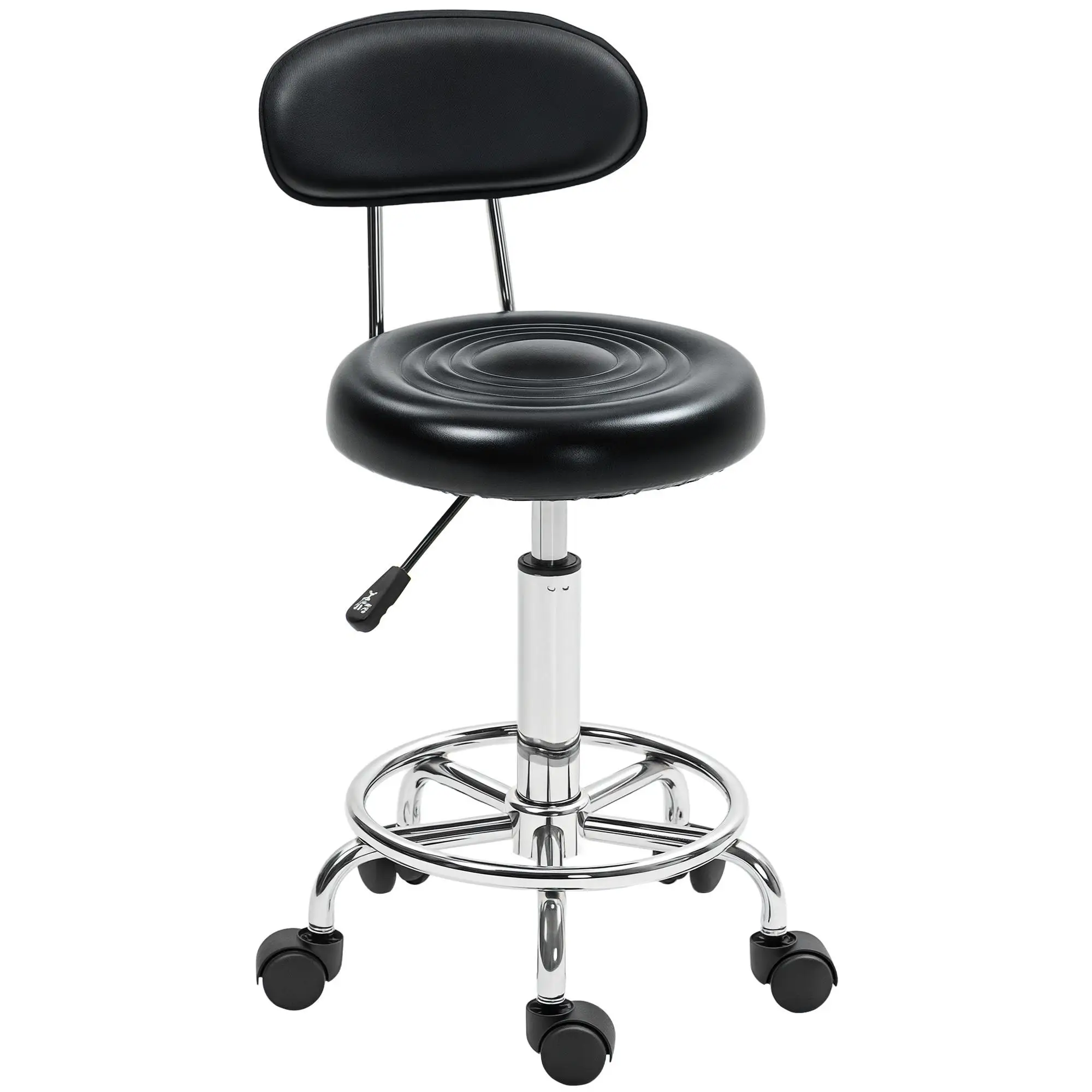 Sgabello Girevole Regolabile 70-86cm in Ecopelle con Schienale e Poggiapiedi Nero per Salone