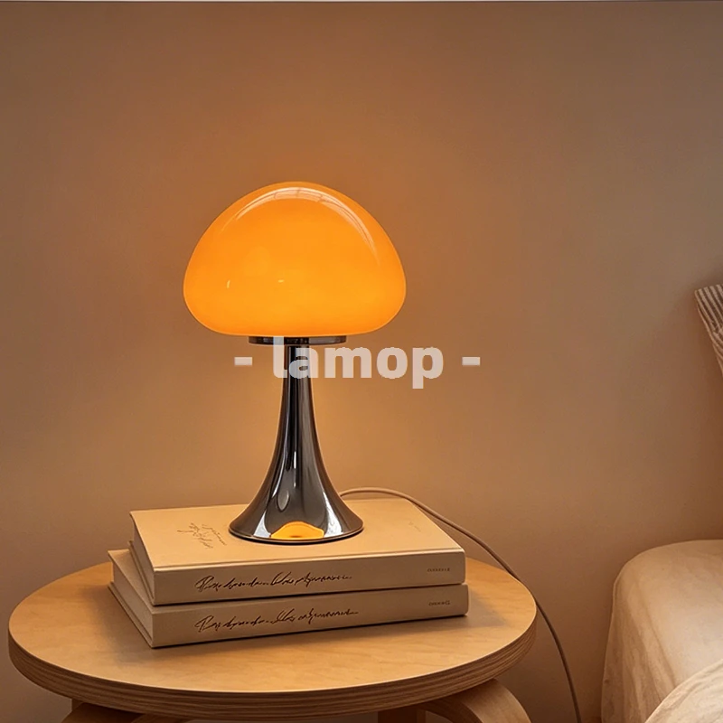 Lampada da Tavolo in Vetro di Murano Giallo Latte a Mezza Cupola con Base a Fungo, Base in Legno Crema, Luce Soffusa a 3 Tonalità, Lampada Decorativa da Comodino per Camera da Let…