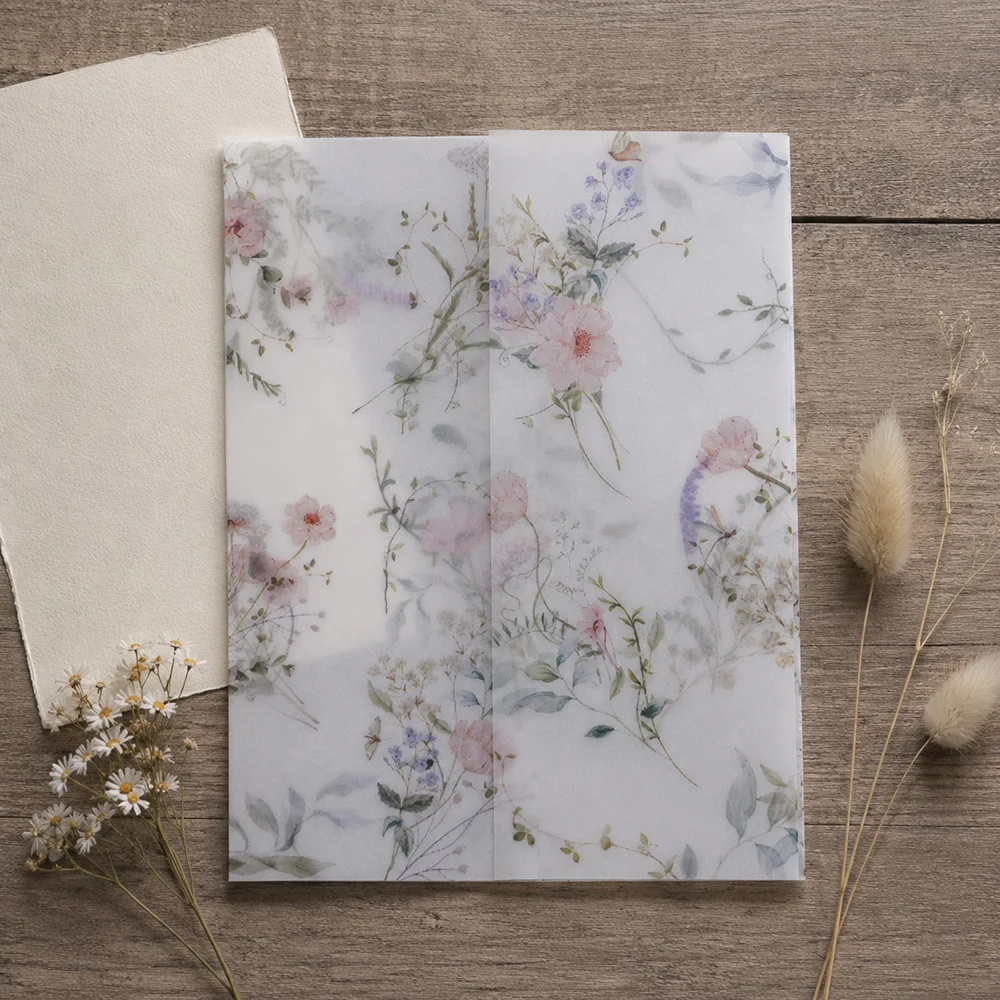 20/50 pezzi di buste in pergamena con fiori selvatici ad acquerello, buste pieghevoli in pergamena fai-da-te, copertine in pergamena floreali moderne, per inviti di matrimonio