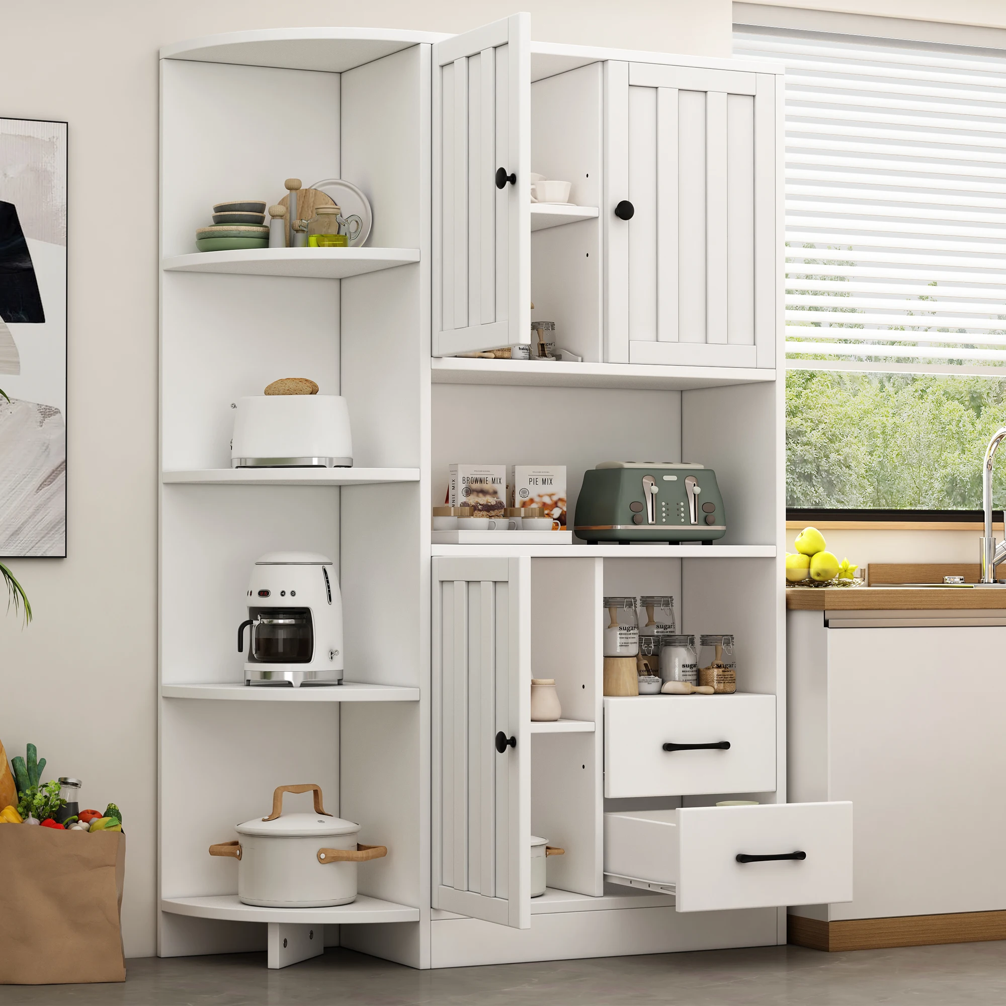 Armadio Angolare 104x35x155cm, Mobile Espositivo per Soggiorno con 3 Ante + 2 Cassetti, 14 Scomparti, Libreria e Credenza con Ripiani Regolabili, Bianco