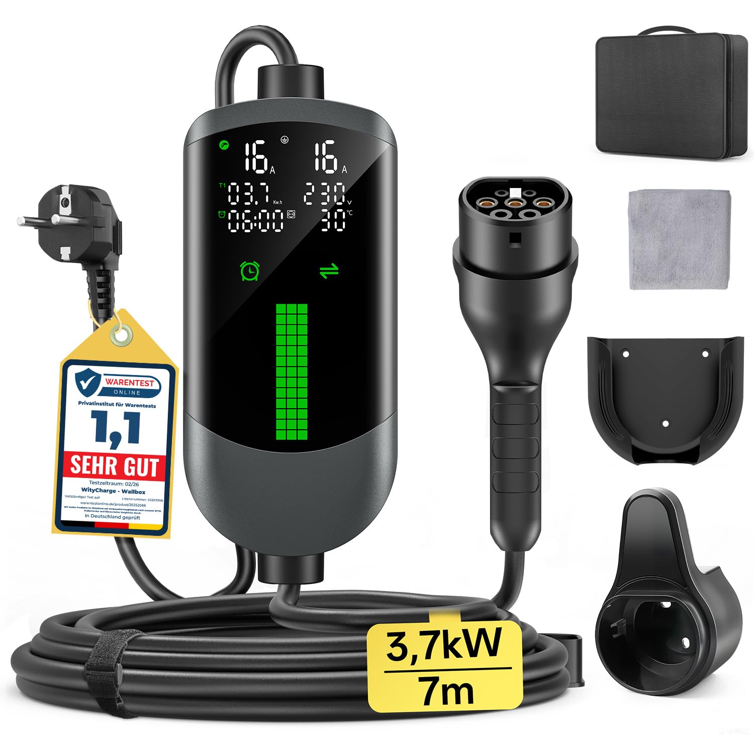 Wallbox 3,7kW Colonnina Ricarica Auto Elettrica,7M Carichino Auto Elettrica | Cavo Ricarica Auto Elettrica Tipo 2 6-16A Regolabile, LCD Digitale, Ricarica Ritardata, IP65, per EVs…