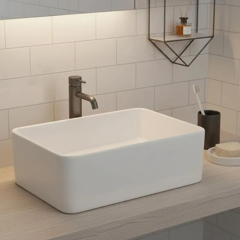 Lavabo rettangolare da appoggio in ceramica bianca 40×30×13 cm, foro di scarico 4,5 cm. Finitura brillante, resistente e di facile manutenzione, design contemporaneo adatto per la…