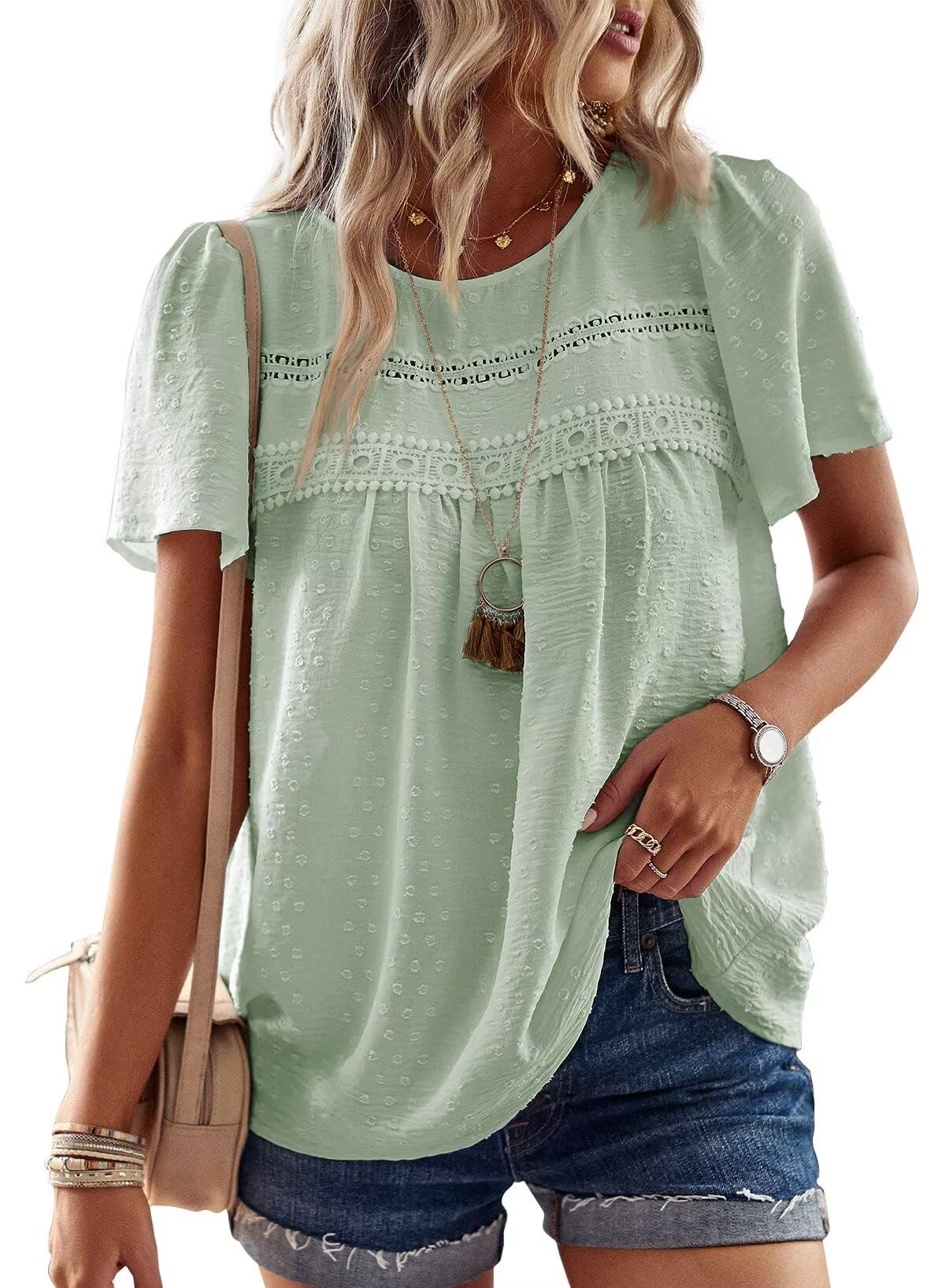 TUUHAW T-Shirt da Donna Pizzo Manica Corta Magliette con Scollo Estive Top | Casual Camicia, Boho Maglie, Pizzo Maglie, Estiva Maglietta, Elegante Blusa, Traspirante Classica, Vin…