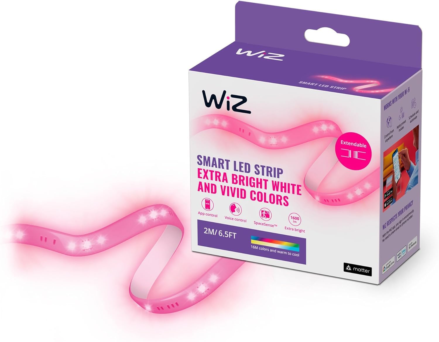 WiZ Striscia LED WiFi, Luce Bianca o Colorata Dimmerabile, 2 M, 20W, Alimentatore Incluso, Tecnologia SpaceSense, Controllo Vocale (Alexa, Apple HomeKit, Google Home)