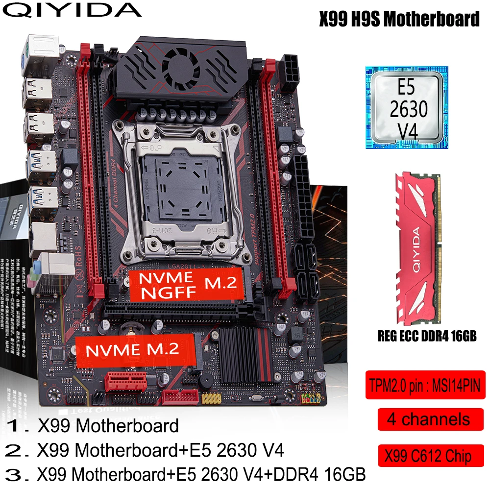 Kit Scheda Madre QIYIDA X99 H9S con CPU Xeon E5 2630 V4 LGA2011-3, Memoria DDR4 16GB REG ECC, Interfaccia M.2 TPM 2.0, 4 Canali