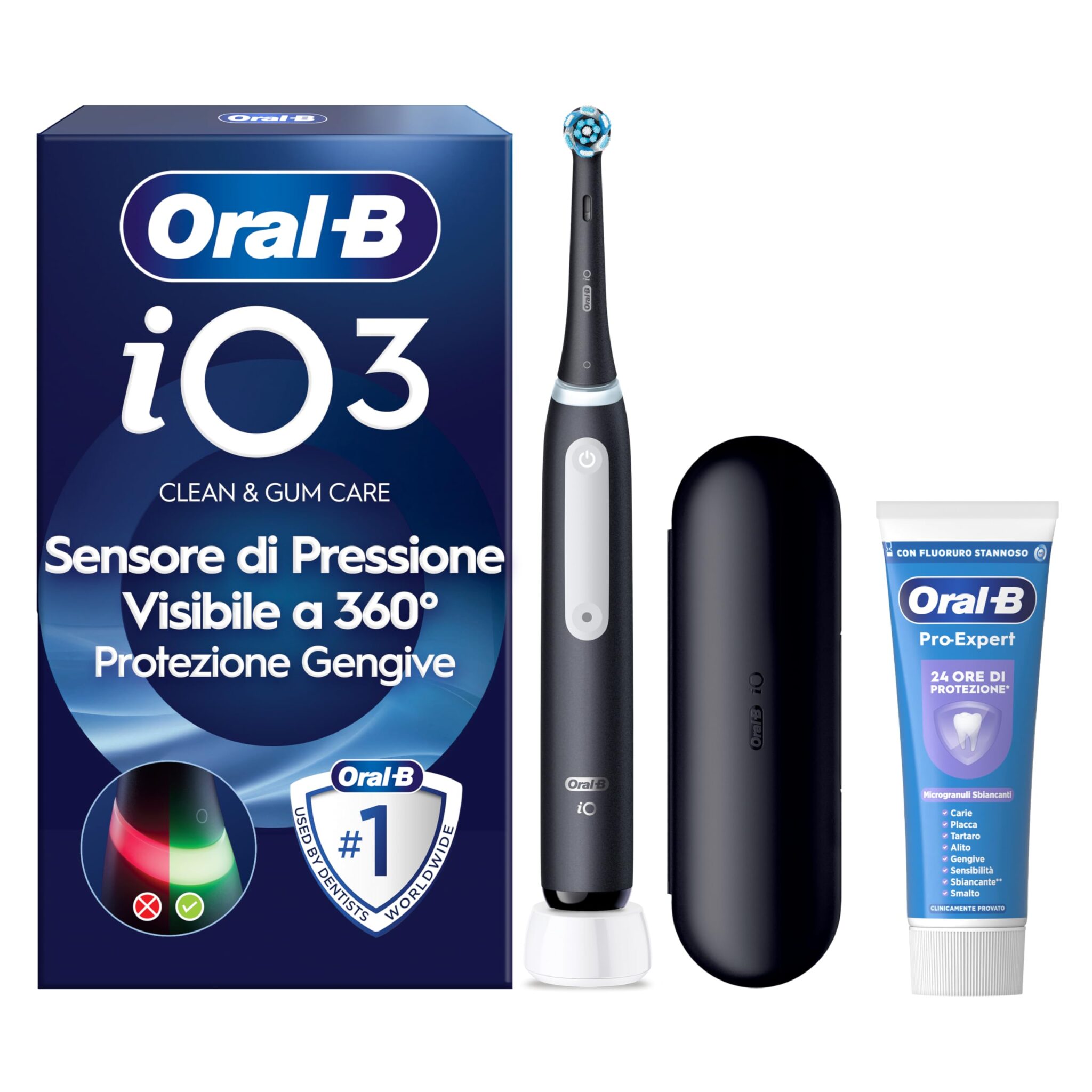 Oral-B iO 3 Spazzolino Elettrico, 1 Testina, Custodia, Dentifricio, Nero | 1 Testine di Ricambio per Spazzolino Elettrico, Ricaricabile, Custodia + 1 Dentifricio Pro-Expert Sbianc…