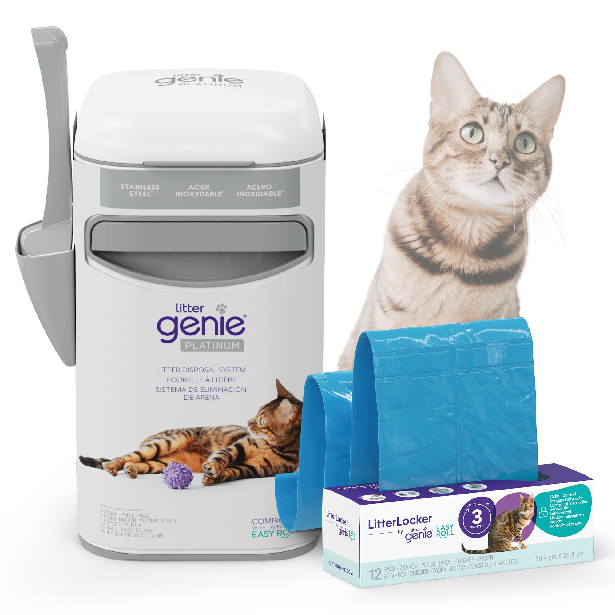 Litter Genie Platinum, cestino per lettiera per gatti con controllo degli odori, in acciaio inox resistente, colore bianco, facile da usare e da mantenere, 1 ricarica per 3 mesi,…
