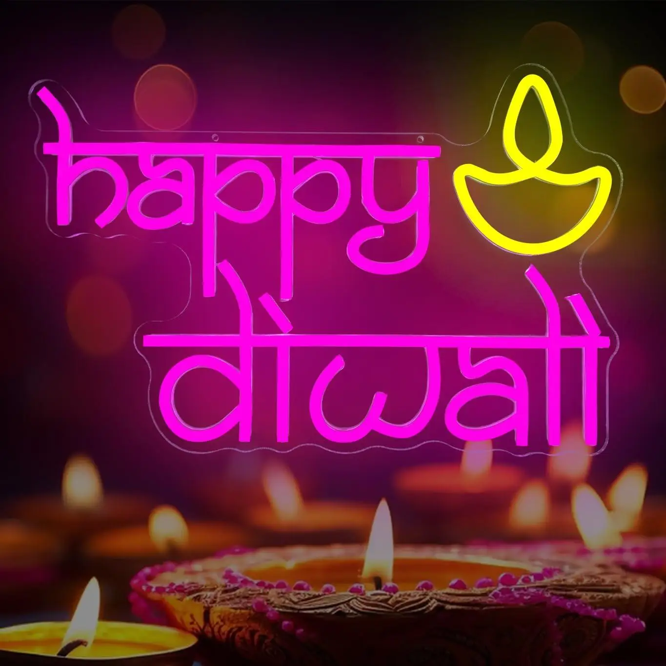 Insegna al Neon 'Happy Diwali' Alimentata USB, Luci al Neon LED Dimmerabili per Casa, Bar, Camera da Letto, Feste, Porte, Finestre, Decorazioni Murali, Regali Speciali