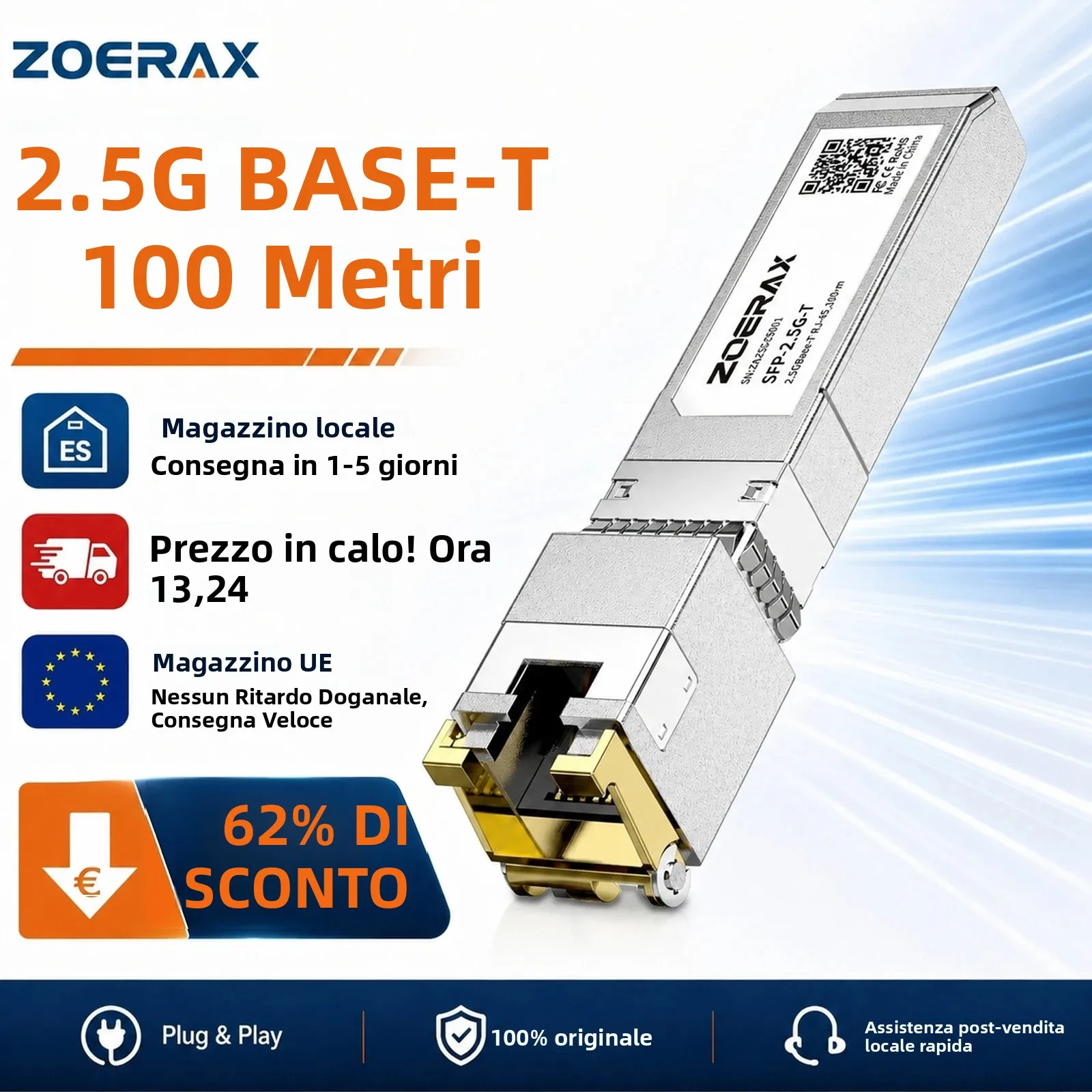 Modulo ricetrasmettitore Ethernet ZoeRax 1.25G/2.5G/10G RJ45 SFP con velocità adattiva, compatibile con Cisco, MikroTik e altri switch