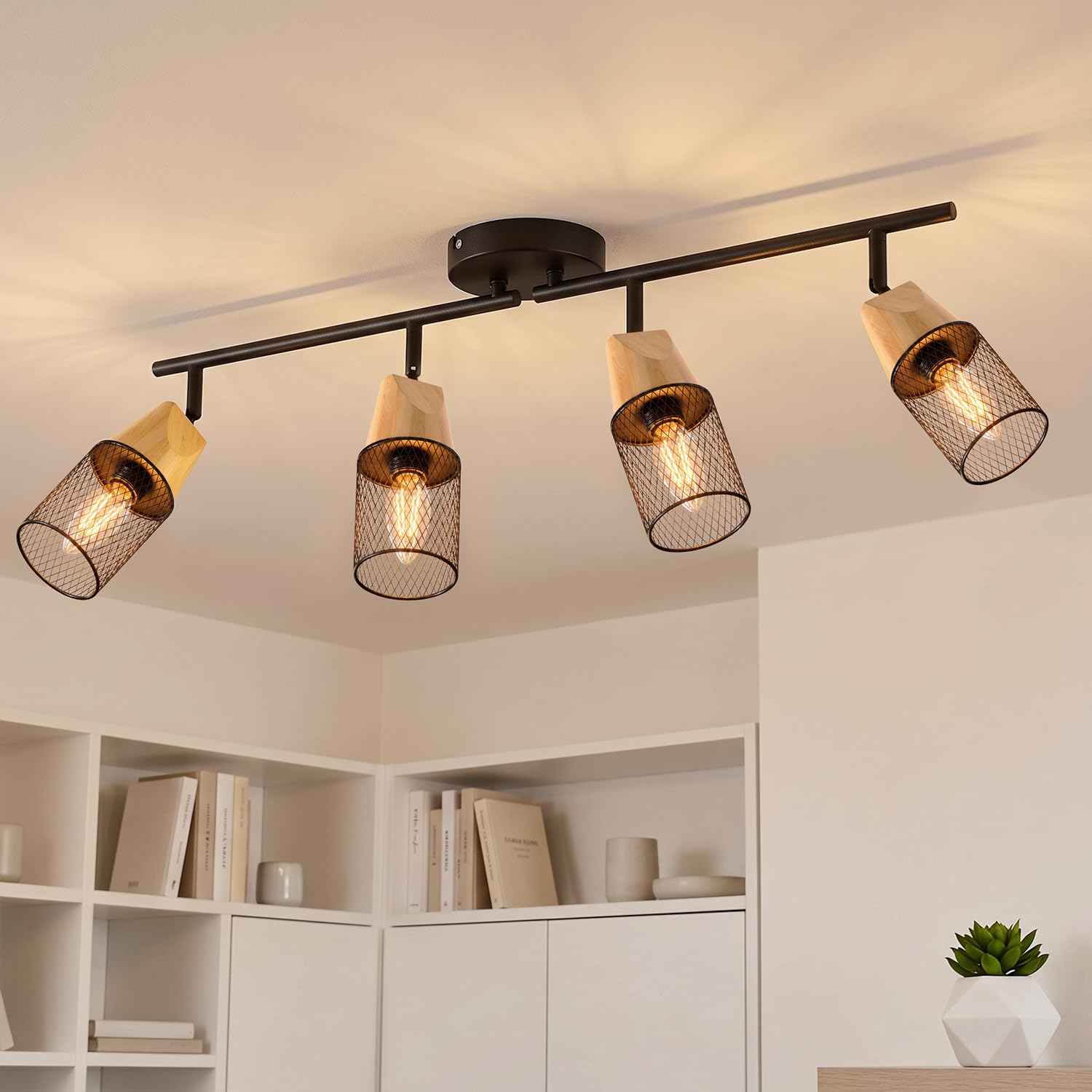 ANWIO Faretti Soffitto Orientabili, Faretti Legno Soffitto 4 Luci, Plafoniera da Parete E14 Nero, Faretto LED Interno Illuminazione per Barra, Salotto, Cameretta, Cucina, Corridoi…
