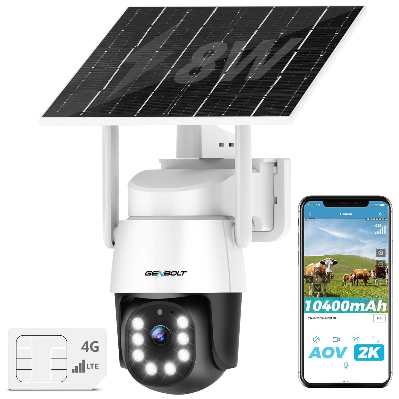 GENBOLT 4G AOV Solare Telecamera Esterno Senza Fili di Sicurezza Esterni | Registrazione Continua 24/7,3MP IP Videocamera Sorveglianza,SIM Card,Rilevamento AI 90FT,CCTV Camera Bat…