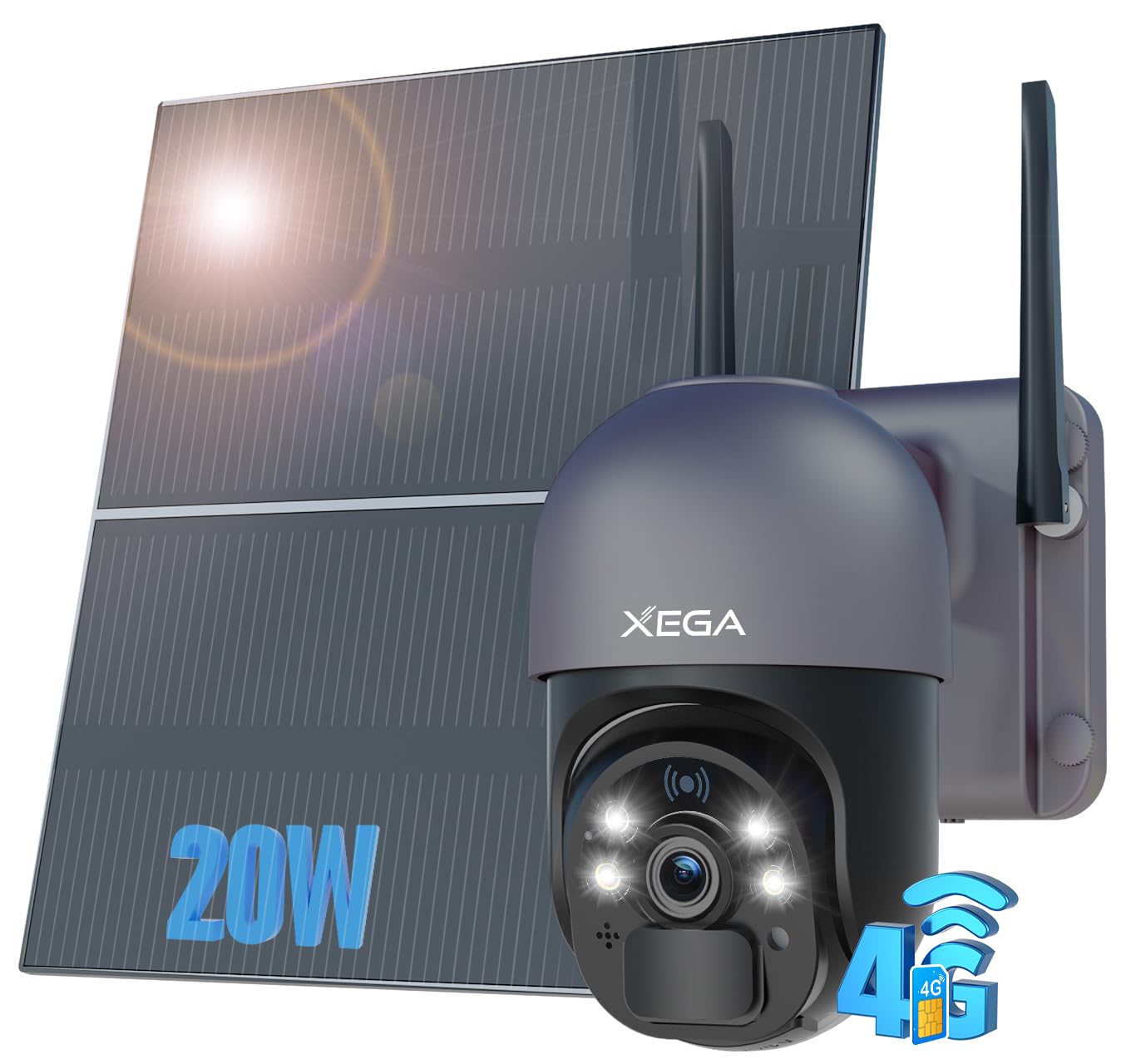 Xega Telecamera 4G Solare Esterno con SIM, Pannello solare 20W, 20000mAh | Registrazione 24/7 senza WiFi, Risoluzione 2K, Visione Notturna, Rilevamento Movimento, Senza Fili, Abbo…