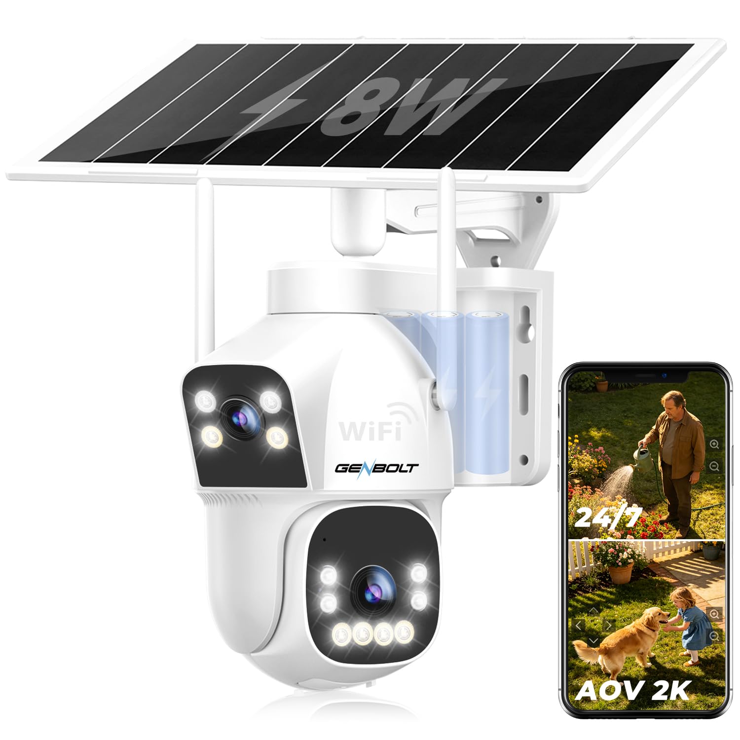 GENBOLT AOV Solare Telecamera Wi-Fi Esterno Senza Fili di Sicurezza Esterni | 2.5K HD,15600mAh Batteria,2.4&5 GHz,Registrazione 7/24,Doppia visualizzazione,Rilevamento AI 90FT,Tra…