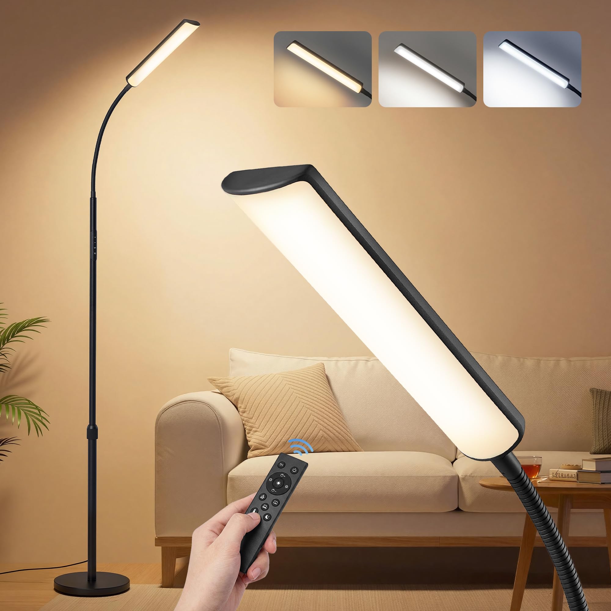 VASAGLE Lampada da Terra a LED in Metallo, Piantana Moderna Dimmerabile | Luce da Lettura per Soggiorno, 22 x 22 x (141-175) cm, Nero Opaco, Collezione ISLAND LFL007BD02