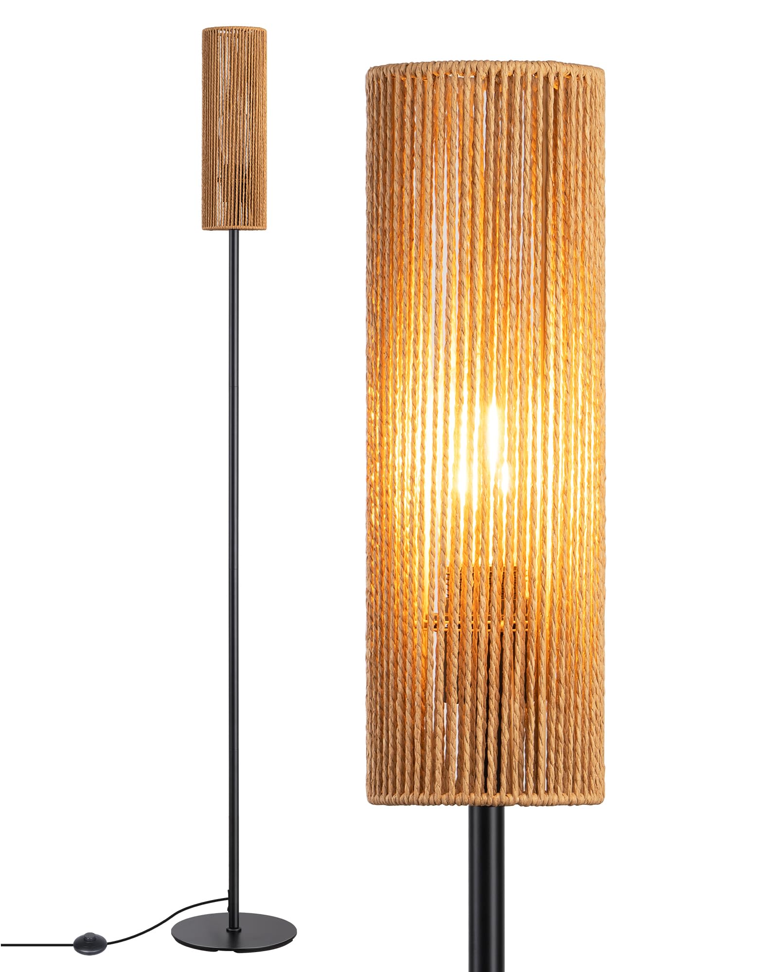 EDISHINE Lampada da Terra, Intreccio di Corda, Effetto Rattan, 2700 K | Blanco Cálido, Casquillo E27, Bombilla LED 6 W Incluida, para Dormitorio, Habitación Infantil o Rincón del…