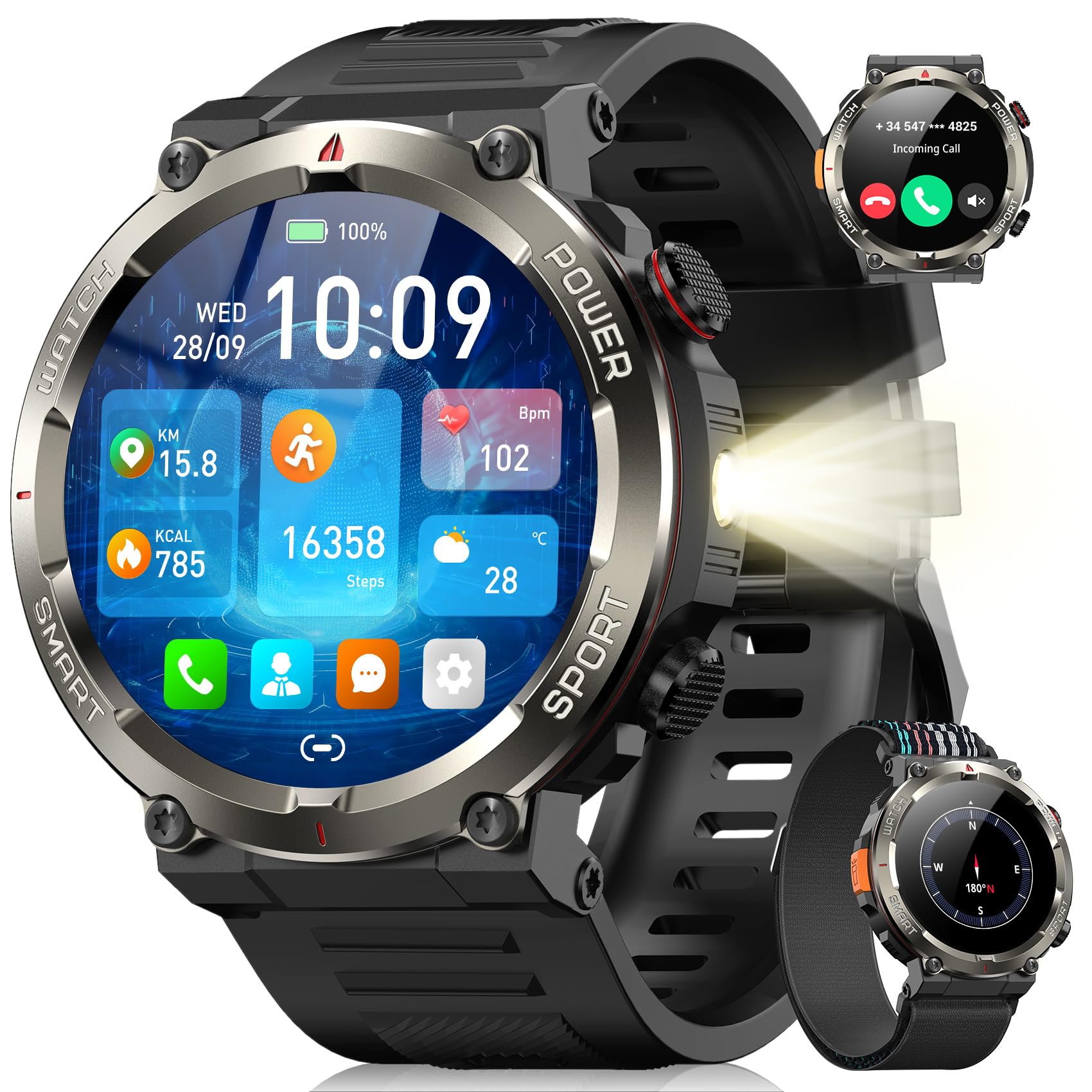 Blackview Smartwatch Uomo, 1.45" Smartwatch Militare Uomo Fitness con Chiamate Bluetooth Orologio Intelligente 100+ Modalità Sportive/Cardiofrequenzimetro/SpO2/Torcia/Bussola per…