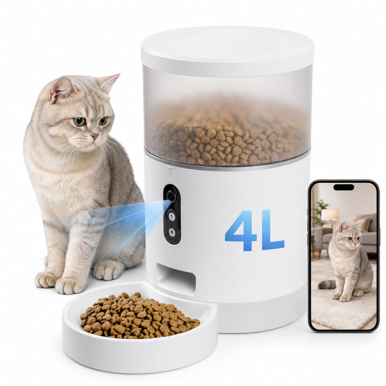 TAISSU - Distributore automatico - 4 Litri - Telecamera 3MP, Wifi e App - Programmazione dei pasti, audio bidirezionale, visione notturna, ricarica USB-C o batterie. Per gatti e c…