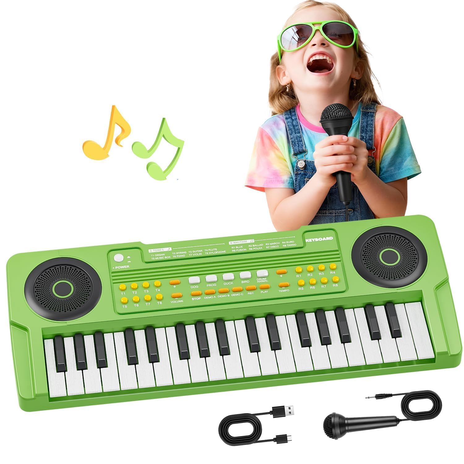 QiquBox Pianola Tastiera Musicale per Bambini 37 Tasti con Microfono | Pianoforte Giocattoli per Bambine Bambini di 3 4 5 6 7 Anni, Regali di Compleanno e Natale, Verde