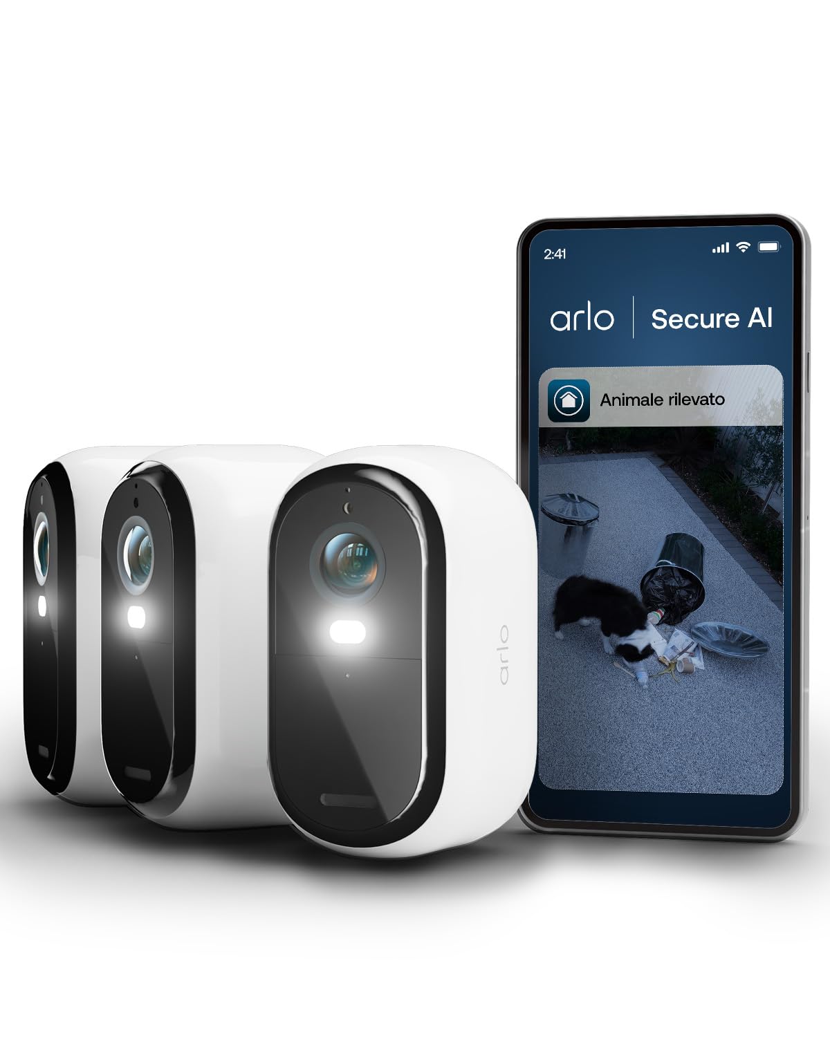 Arlo Essential 3 Telecamera WiFi Esterno Senza Fili, HD, Telecamera WiFi Interno, Sirena Allarme Casa, Sensore Di Movimento, Visione Notturna A Colori, Prova Inclusa Secure, 3 Tel…