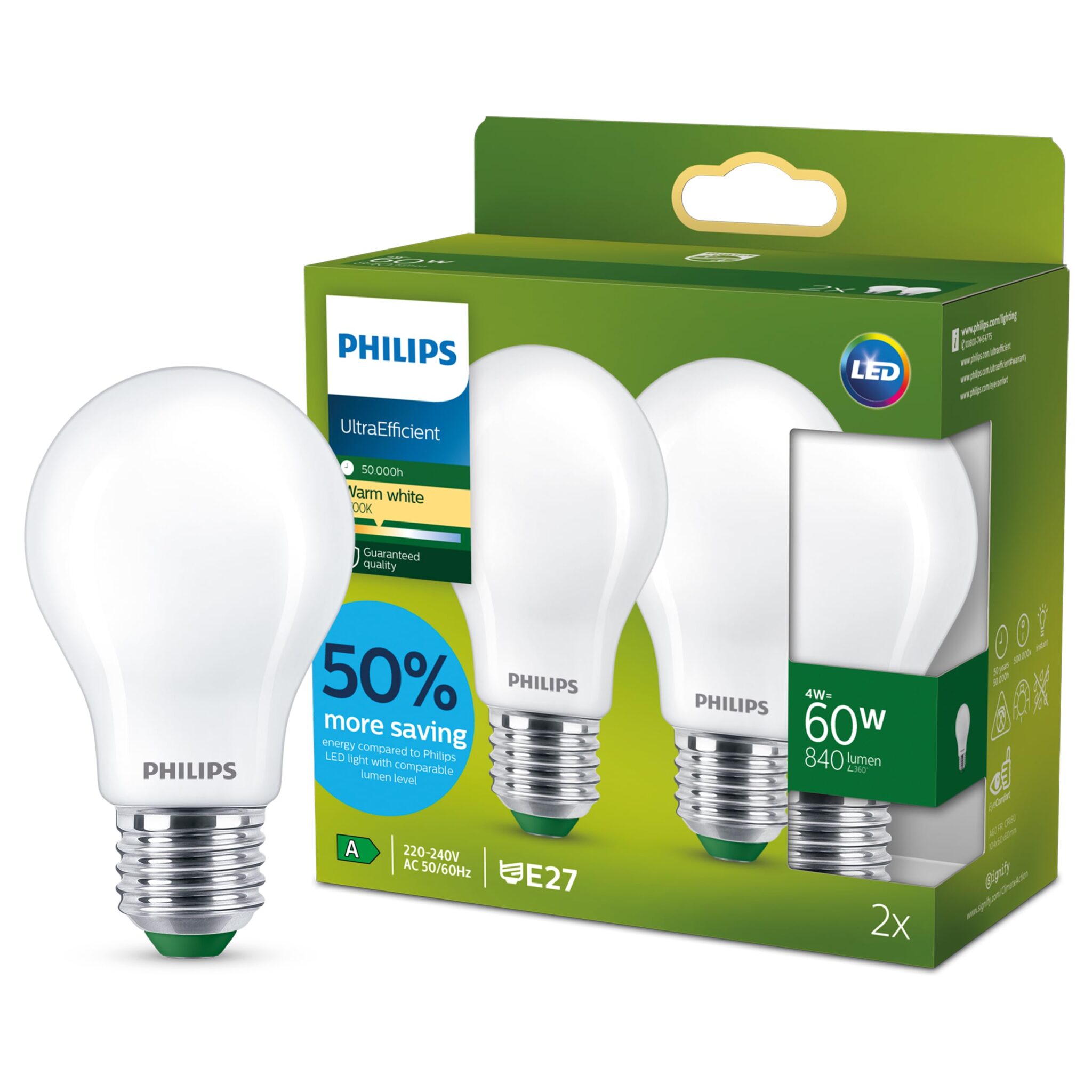 Philips LED Lampadina a Goccia Smerigliata Classe A Ultra Efficent, 2 Pezzi, 60W, E27, Luce Bianca Calda