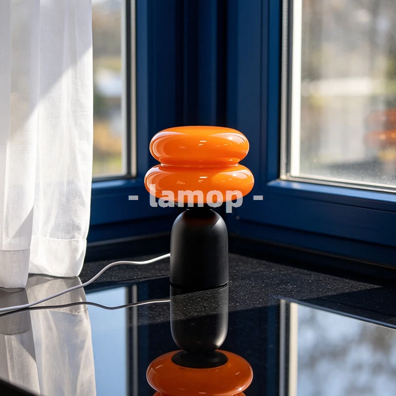 Lampada da Tavolo Rotonda a Doppia Ellisse Arancione Lucido, Base Corta, Luce Soffusa a 3 Tonalità, Stile Coreano, Cornice Portafoto, Lampada Decorativa da Comodino