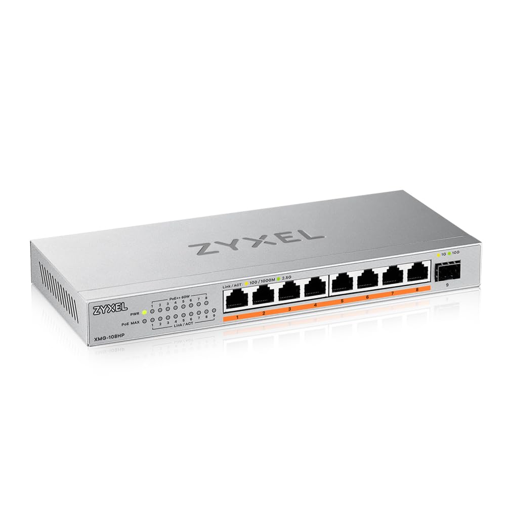 ZYXEL Switch Ethernet 8 Porte | Unmanaged | 2.5G | Poe++ | XMG-108HP | 8x Porte 2.5G PoE++ con Budget di 70W + 1x 10G SFP+, Senza Ventola, Installazione Facile Plug-and-Play, Alim…