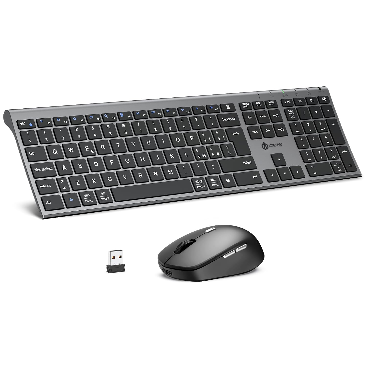 iClever Tastiera e Mouse Wireless Bluetooth, Tastiera e Mouse Doppia Modalità (Bluetooth + 2.4G) Ricaricabile, Layout Italiano QWERTY, Silenziosa for Mac, iPad, PC, Laptop, Deskto…