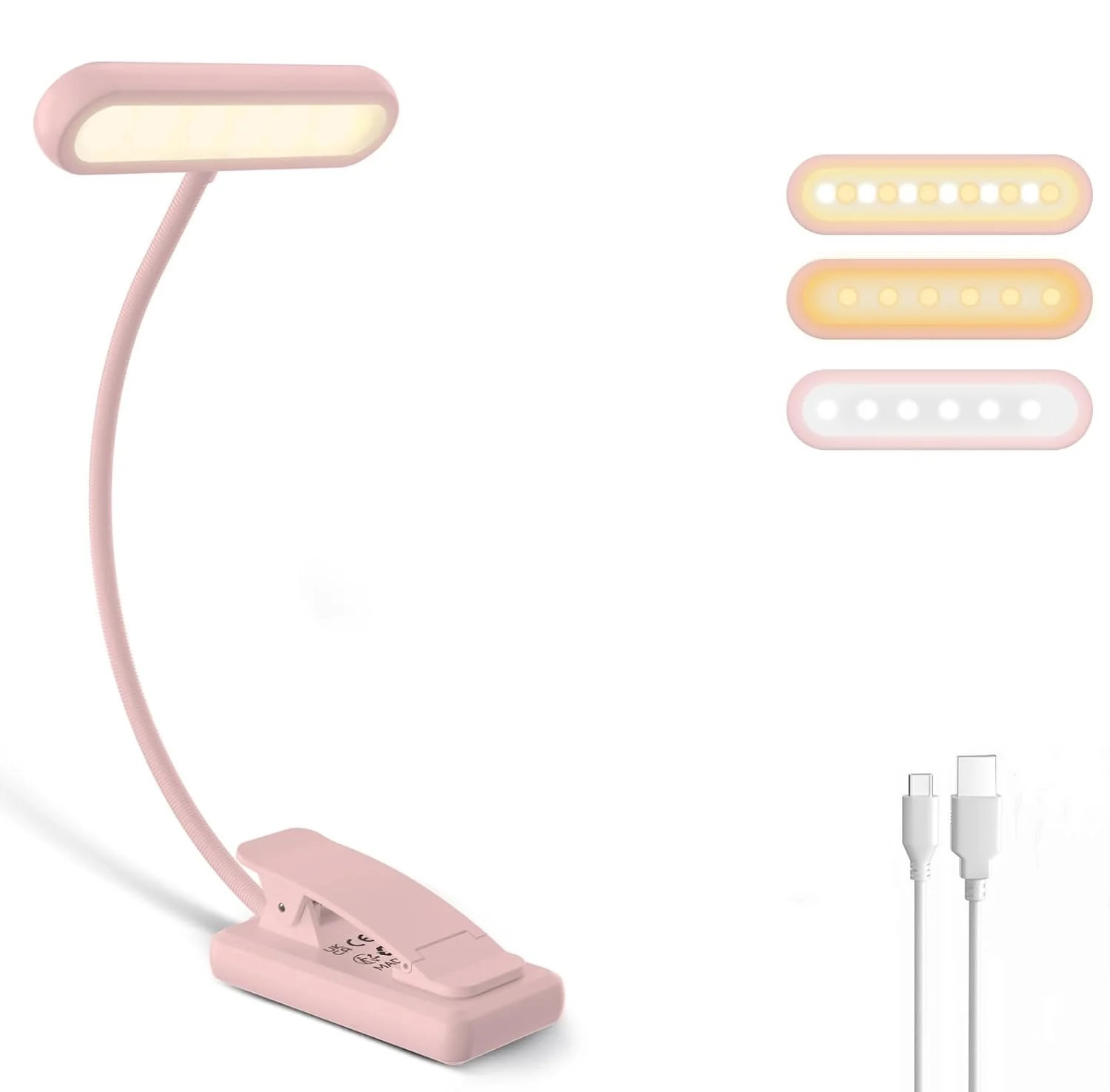Lampada da Lettura con Clip Nera/Bianca/Rosa, Batteria Ricaricabile USB 600mAh, Luce Flessibile a Collo d'Anatra, 10 Livelli di Luminosità Regolabili