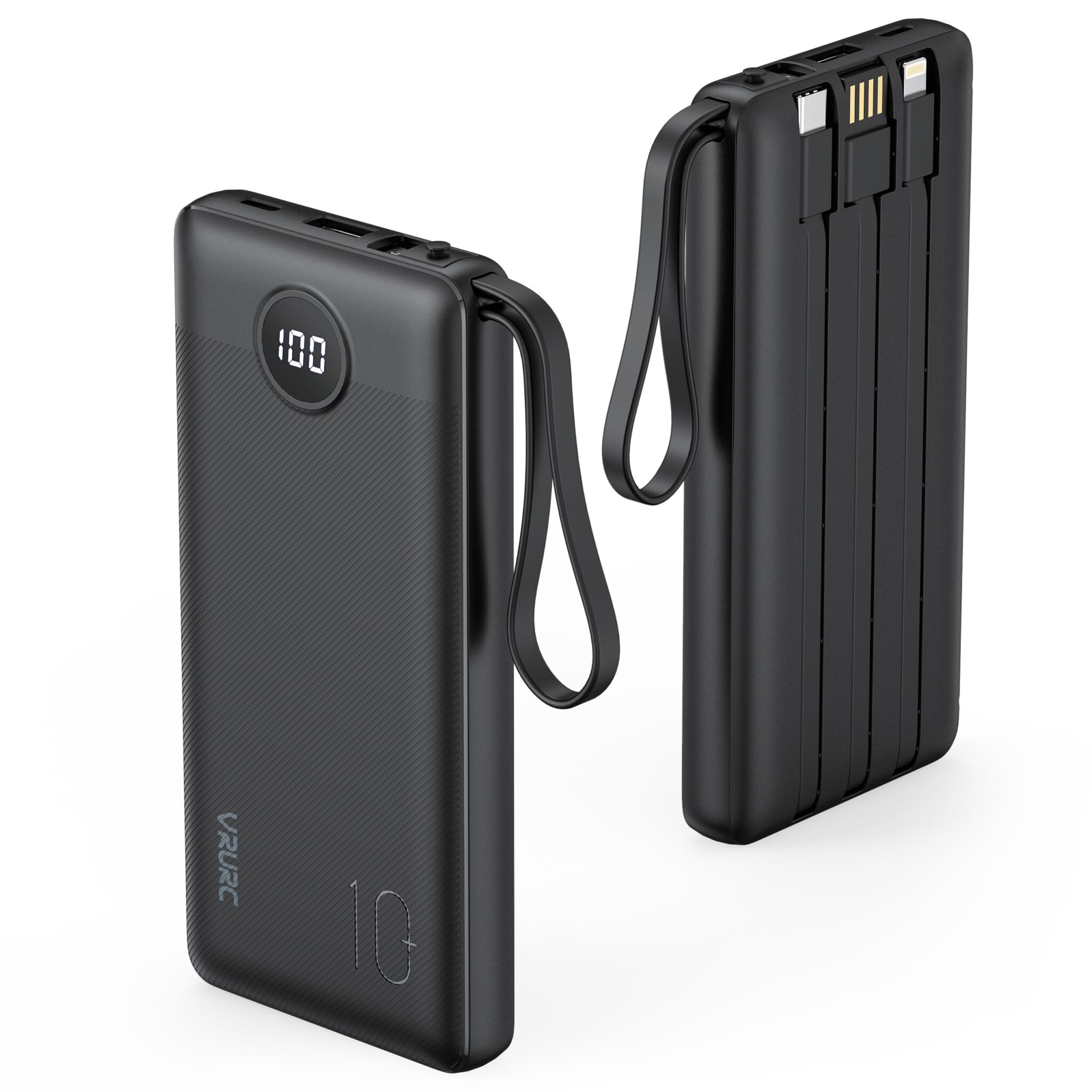 VRURC Power Bank 10000mAh, Slim Caricatore Portatile con 4 Cavi Intergrati | USB C, Con 4 Uscite & 2 Ingressi, LED Display, Ideale per Viaggio di Lavoro, Compatible con iPhone/Xia…