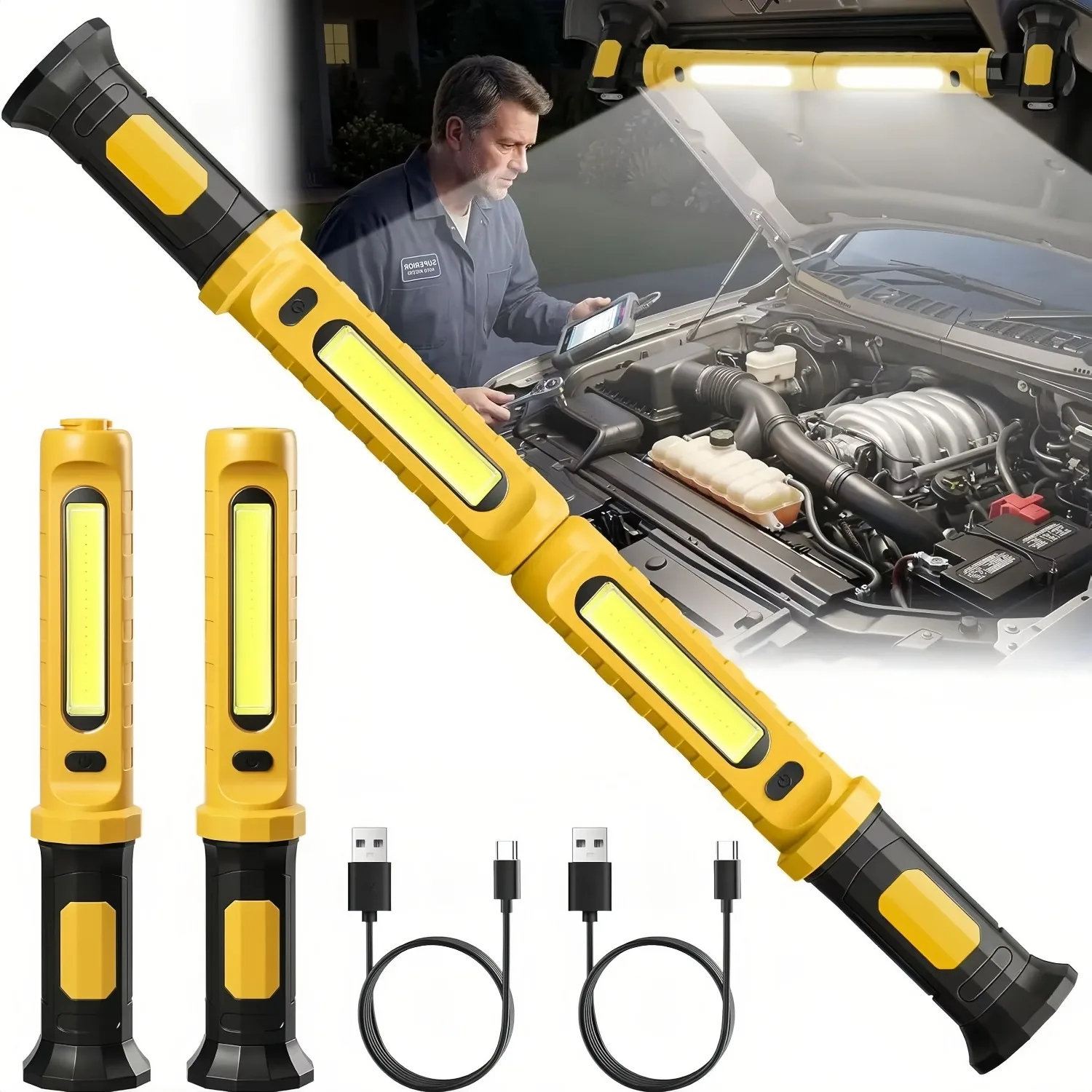 Lampada da Lavoro Magnetica Multifunzione 2-in-1 Ricaricabile a LED per Riparazioni Auto, Barra Luminosa Sottocofano con Gancio, Illuminazione Esterna
