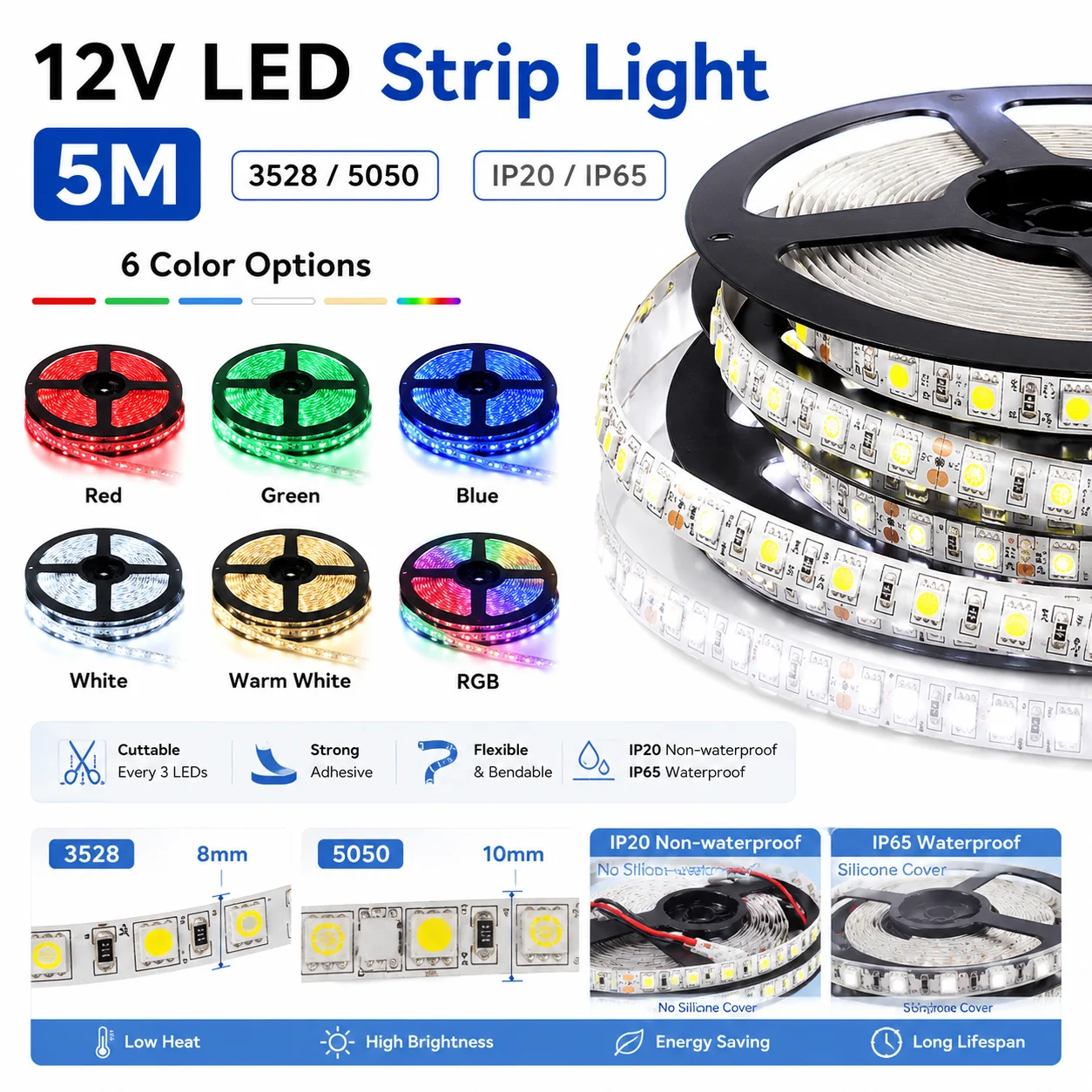 Striscia LED 5M 12V 3528 5050 SMD, Nastro LED RGB Rosso Verde Blu Bianco Bianco Caldo, Impermeabile e Flessibile per Decorazioni Domestiche