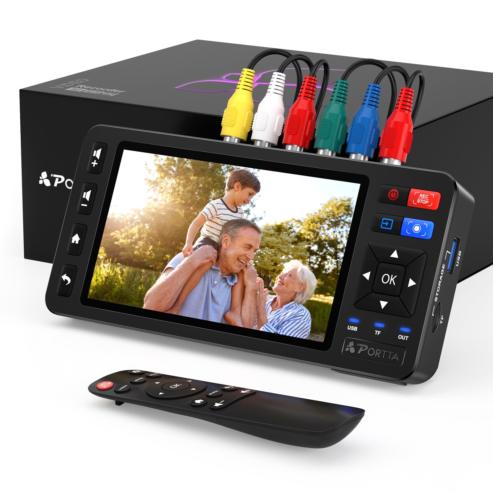Convertitore da VHS a digitale Portta VD22P con schermo HD da 5", registratore video, conversione in MP4, compatibile con VHS, Hi8, Mini DV, console di gioco (richiede lettore VHS…